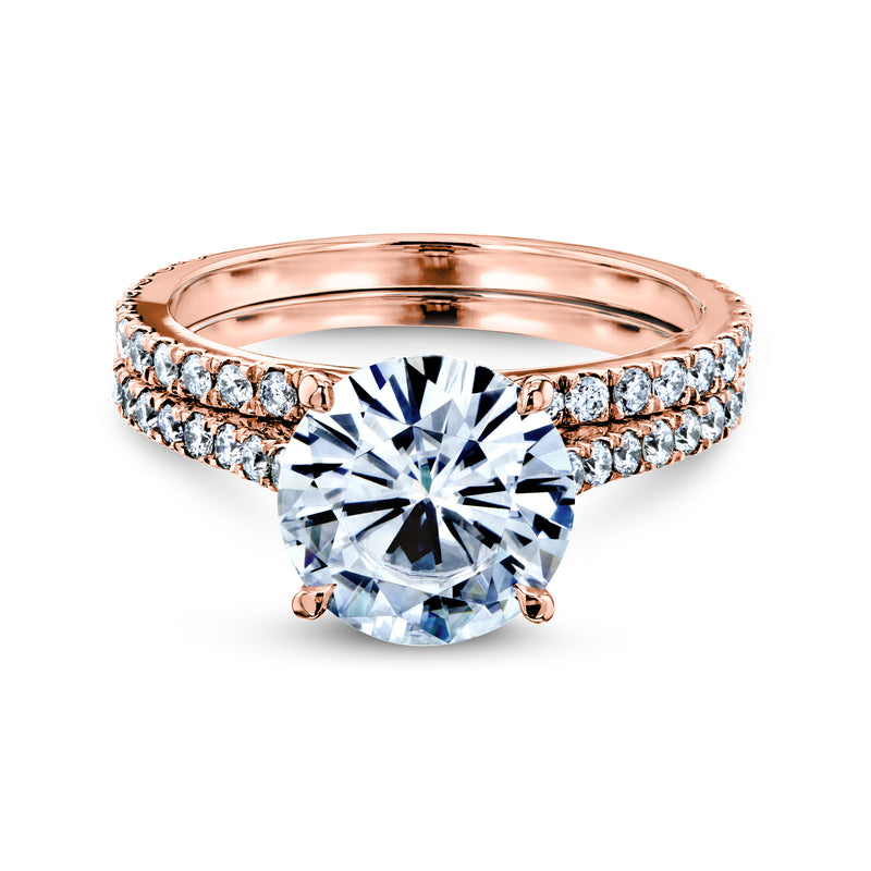 Basket Cathedral 9mm Moissanite e anéis de diamante em ouro rosa 14k
