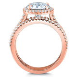 Conjunto de anéis de noiva de 3 peças Kobelli redondo brilhante moissanite e diamante Halo 2 1/2 CTW ouro rosa 14k (DEF/VS, GH/I)