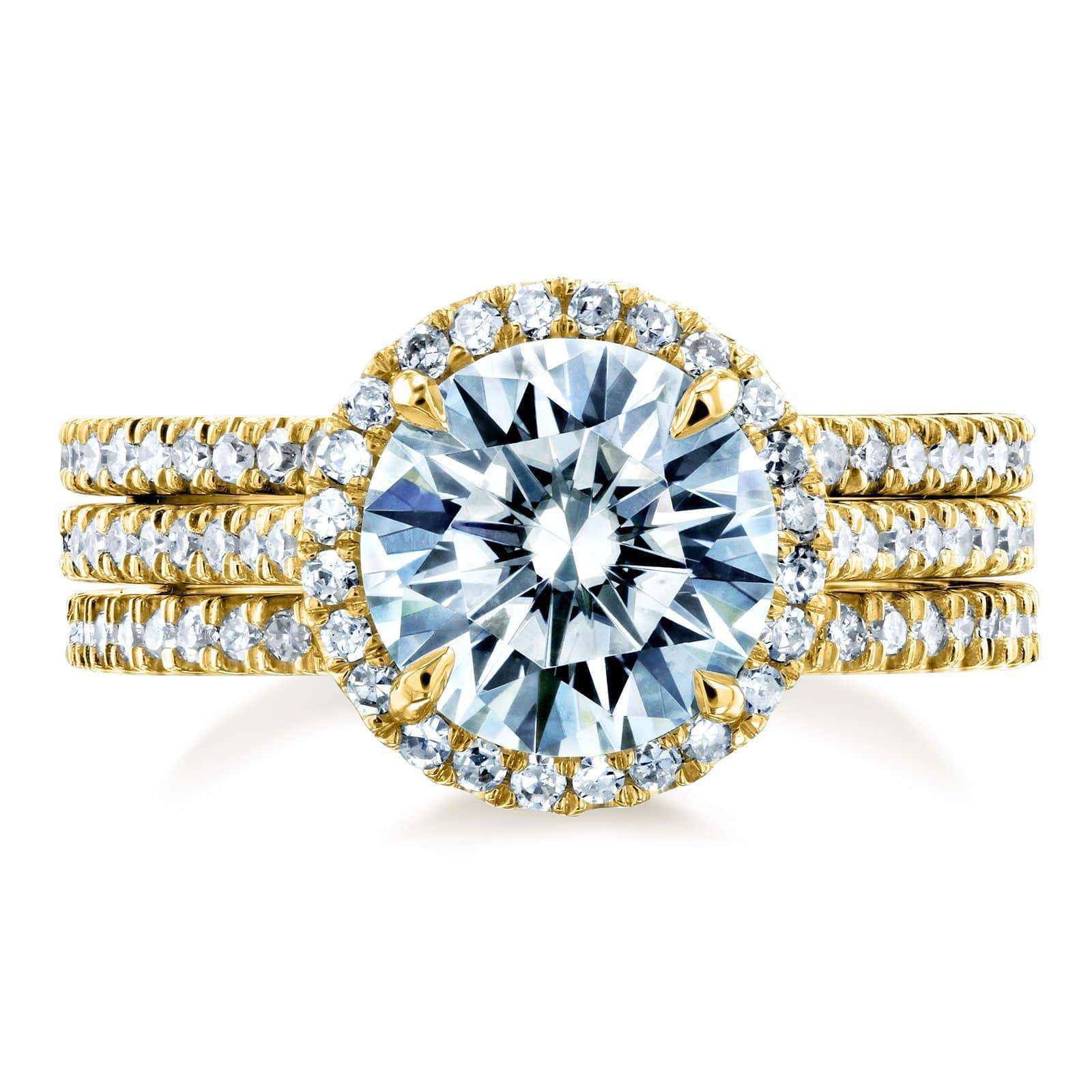 Kobelli Round Brilliant Moissanite and Diamond Halo 3-Piece Bridal Rings Set 2 1/2 CTW 14k Yellow Gold (DEF/VS, GH/I)