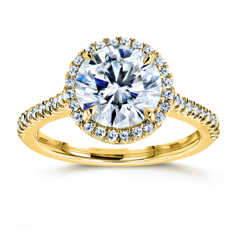 Round Brilliant Forever One Moissanite and Diamond Halo Engagement Ring 2 1/6 CTW 14k Yellow Gold (DEF/VS, GH/I)