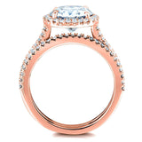 Conjunto de alianças de casamento Kobelli redondas brilhantes de moissanite e diamante Halo 2 1/3 CTW ouro rosa 14k (DEF/VS, GH/I)