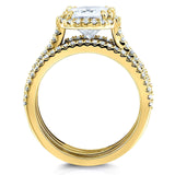 Conjunto de alianças de casamento Kobelli com almofada brilhante de moissanite e diamante Halo 2 1/2 CTW ouro amarelo 14k