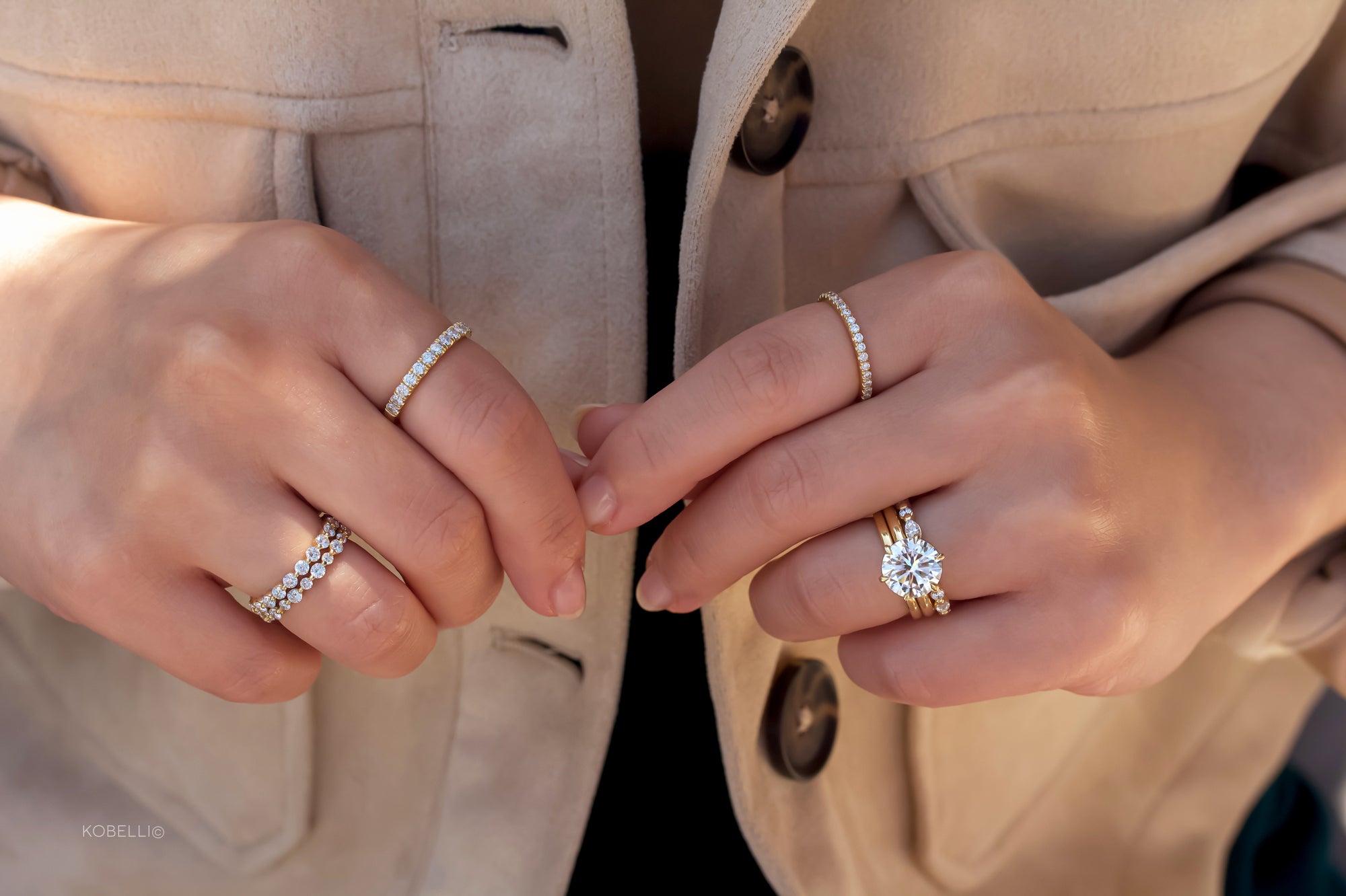 Rosemairie Bridal Set in Size 5.5 Stacked with the Bubble Eternity Ring and worn with other Yellow Gold Bands