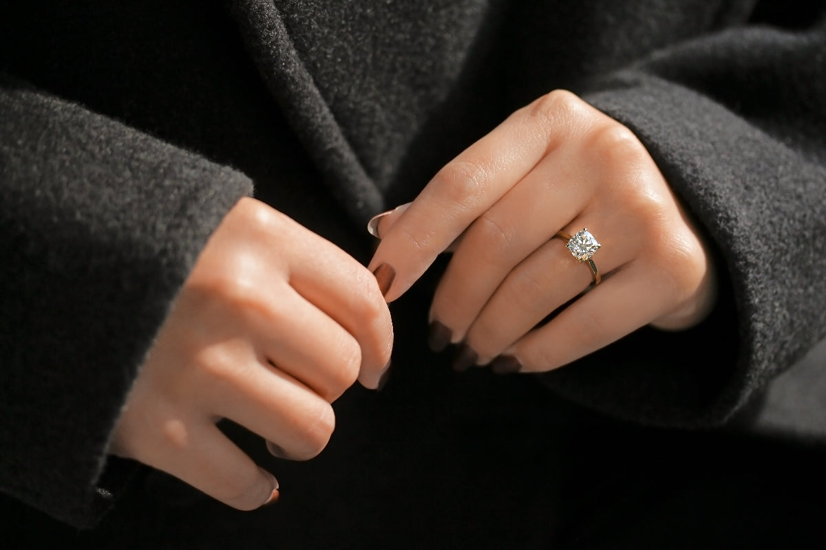 Carrie 2ct Cushion Moissanite Cathedral Engagement Ring - ring on a hand
