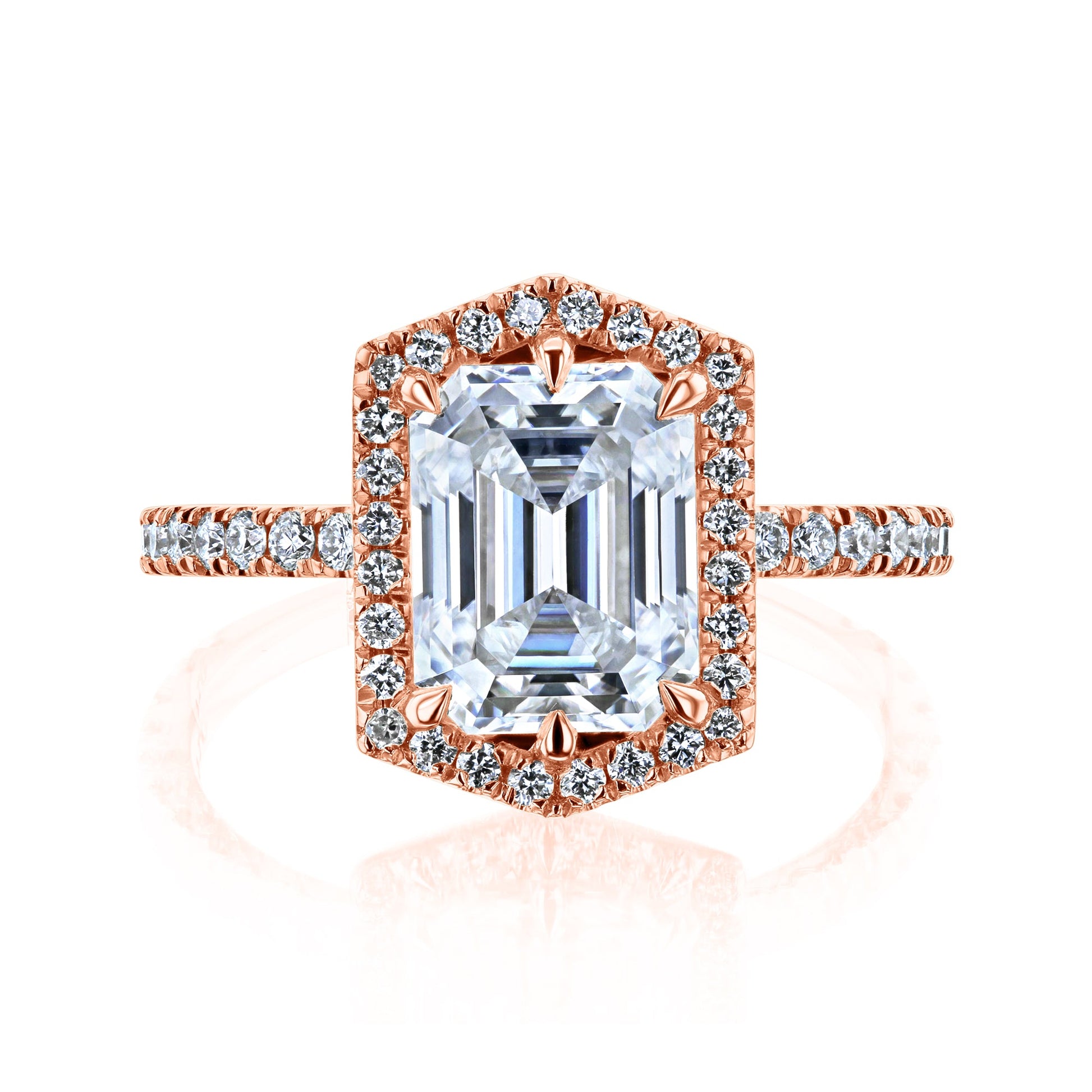 Kobelli Hexagon Halo 2.45ct Emerald Moissanite & 0.50ct Diamond Engagement Ring in 14k Gold - Saturday Collection