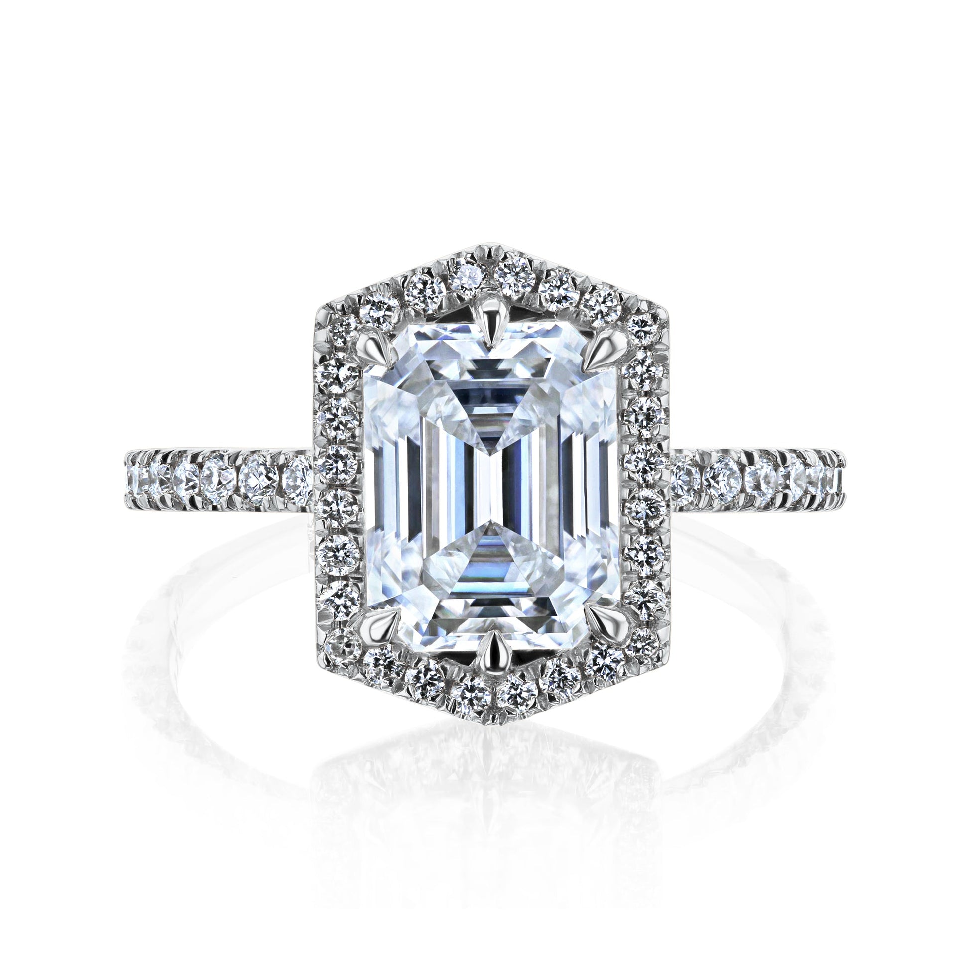 Kobelli Hexagon Halo 2.45ct Emerald Moissanite & 0.50ct Diamond Engagement Ring in 14k Gold - Saturday Collection