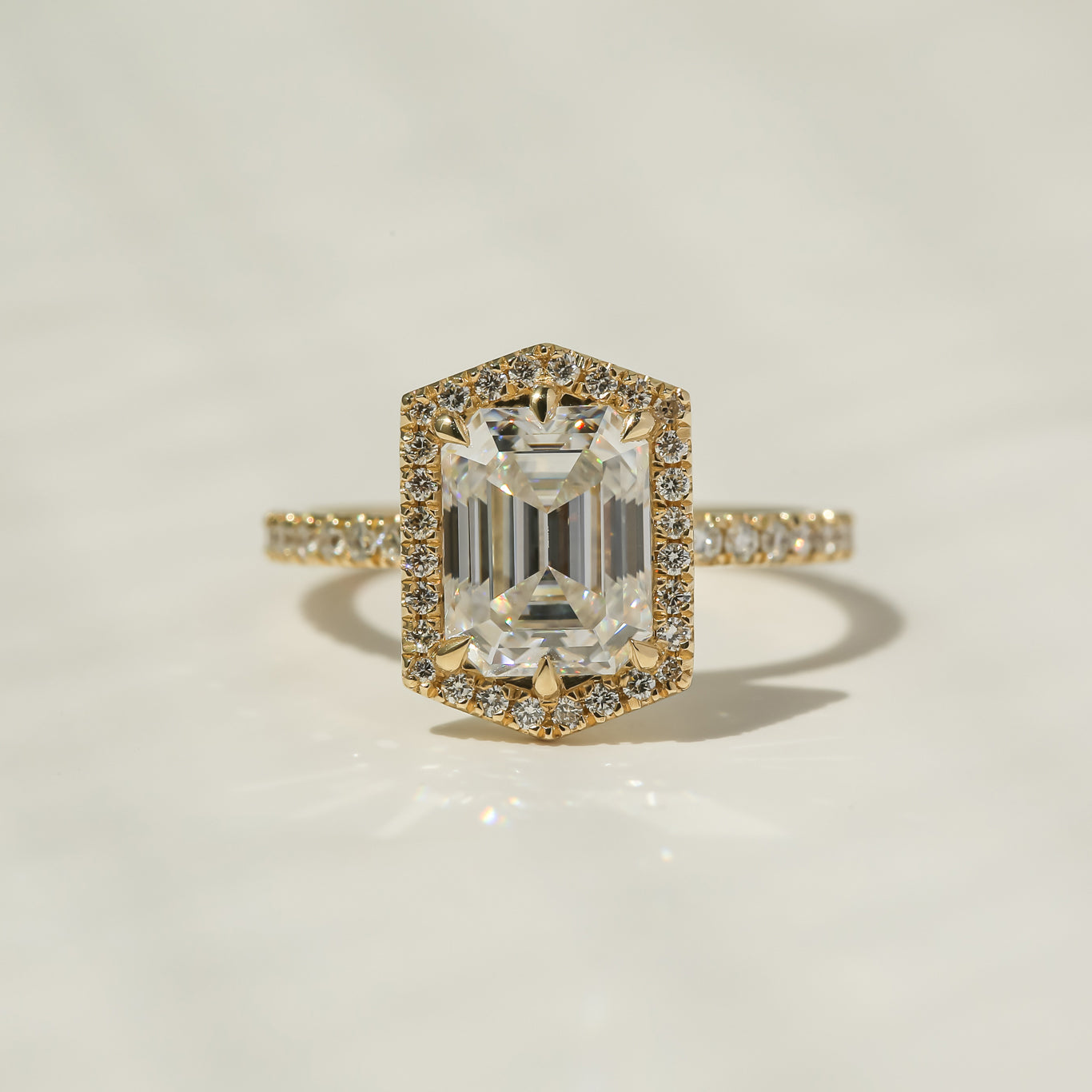 Kobelli Hexagon Halo 2.45ct Emerald Moissanite & 0.50ct Diamond Engagement Ring in 14k Gold - Saturday Collection