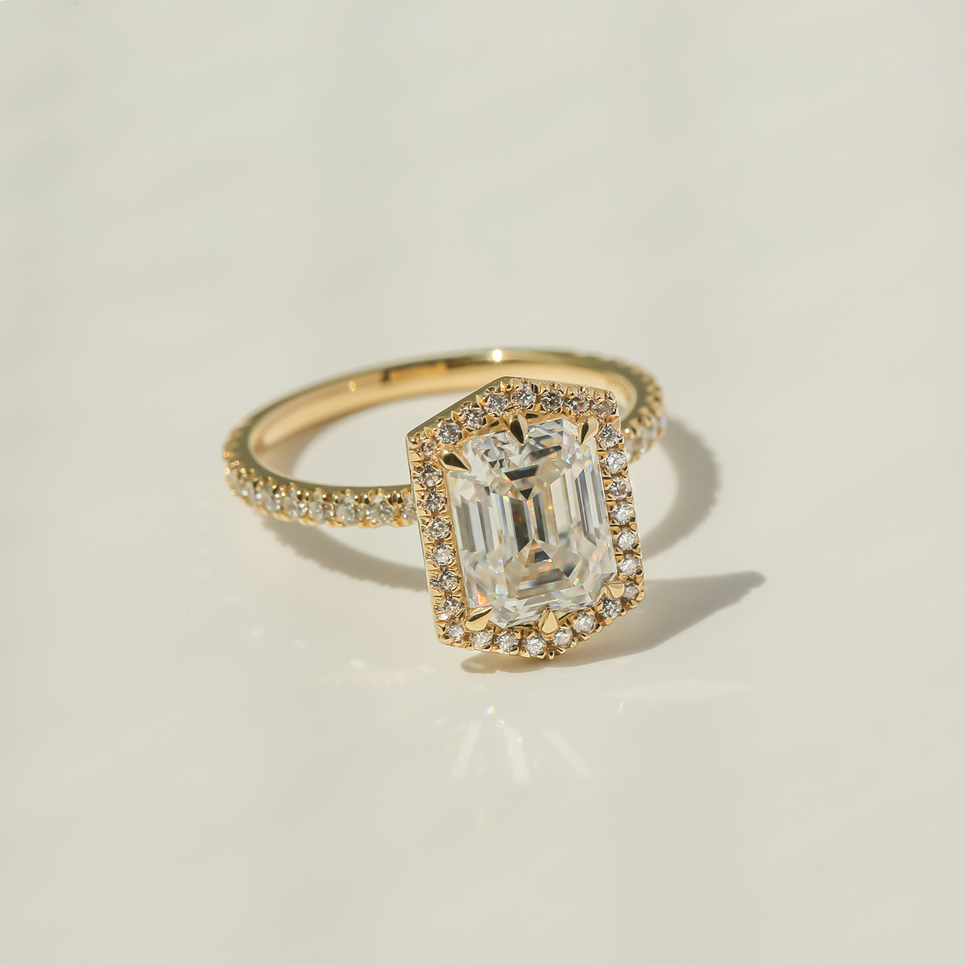 Kobelli Hexagon Halo 2.45ct Emerald Moissanite & 0.50ct Diamond Engagement Ring in 14k Gold - Saturday Collection