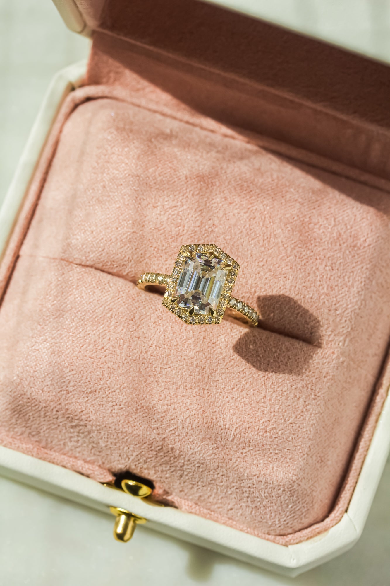 Kobelli Hexagon Halo 2.45ct Emerald Moissanite & 0.50ct Diamond Engagement Ring in 14k Gold - Saturday Collection