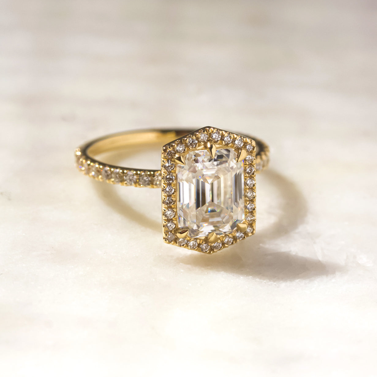 Kobelli Hexagon Halo 2.45ct Emerald Moissanite & 0.50ct Diamond Engagement Ring in 14k Gold - Saturday Collection