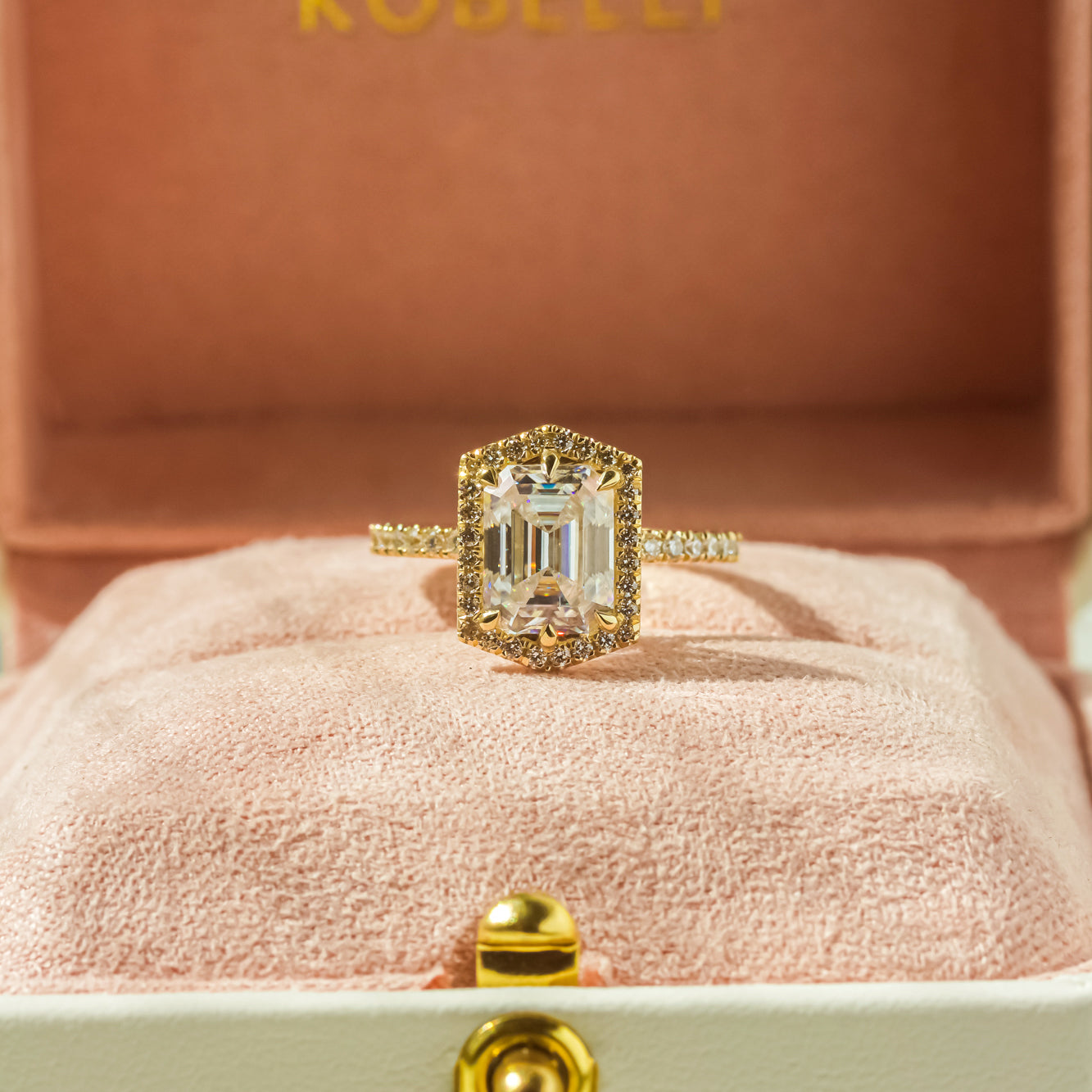Kobelli Hexagon Halo 2.45ct Emerald Moissanite & 0.50ct Diamond Engagement Ring in 14k Gold - Saturday Collection