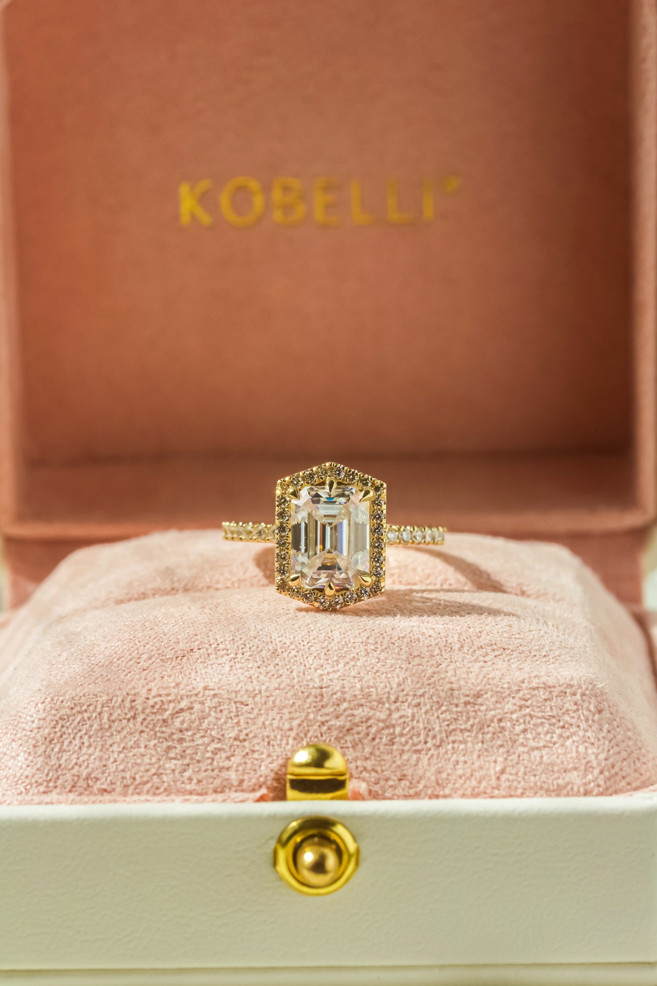 Kobelli Hexagon Halo 2.45ct Emerald Moissanite & 0.50ct Diamond Engagement Ring in 14k Gold - Saturday Collection