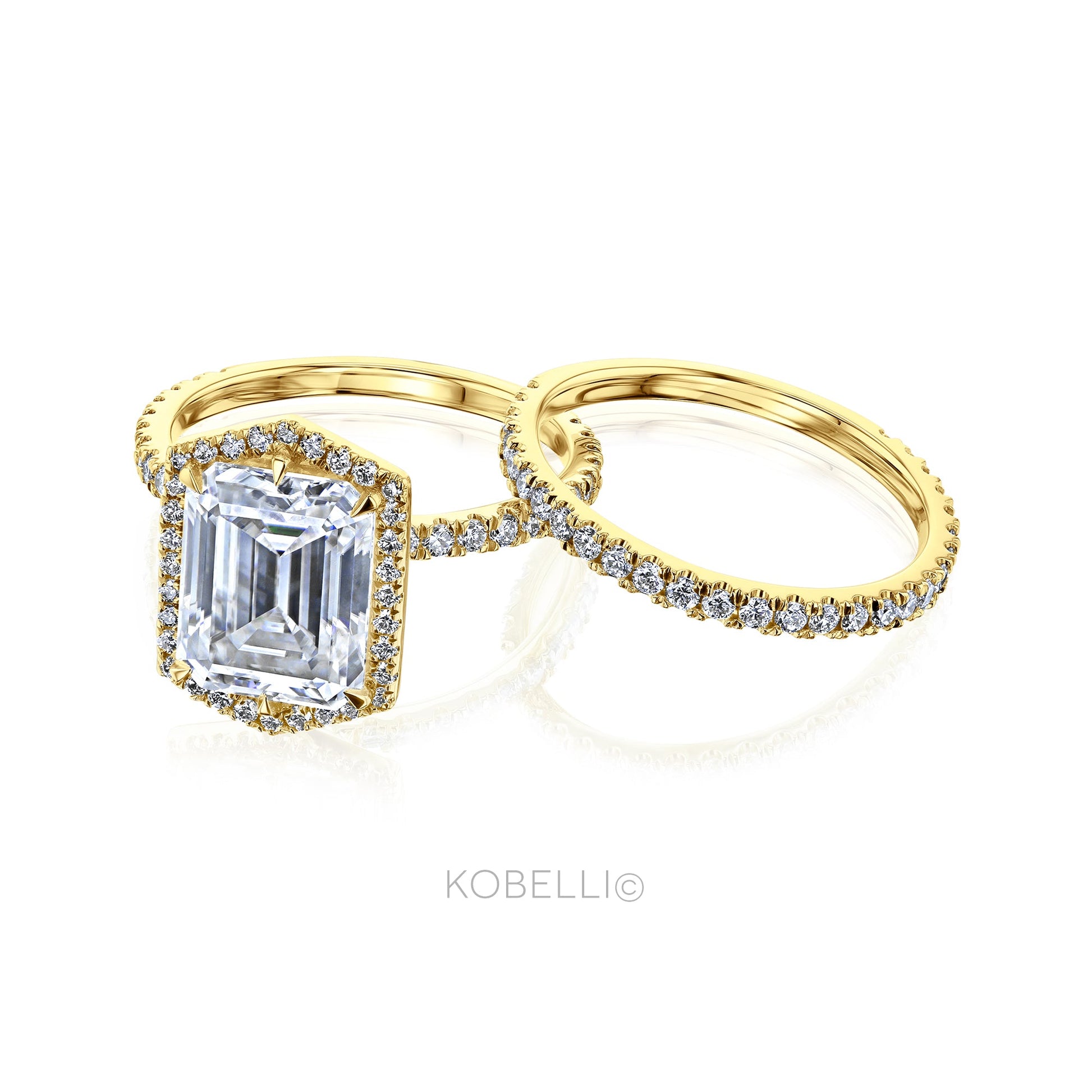 Kobelli Hexagon Halo 3.50ct Emerald Moissanite and Diamond Rings