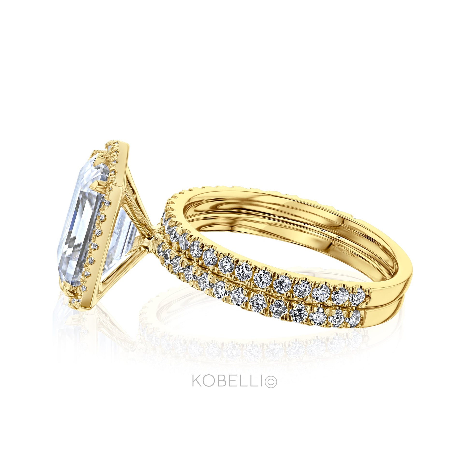 Kobelli Hexagon Halo 3.50ct Emerald Moissanite and Diamond Rings