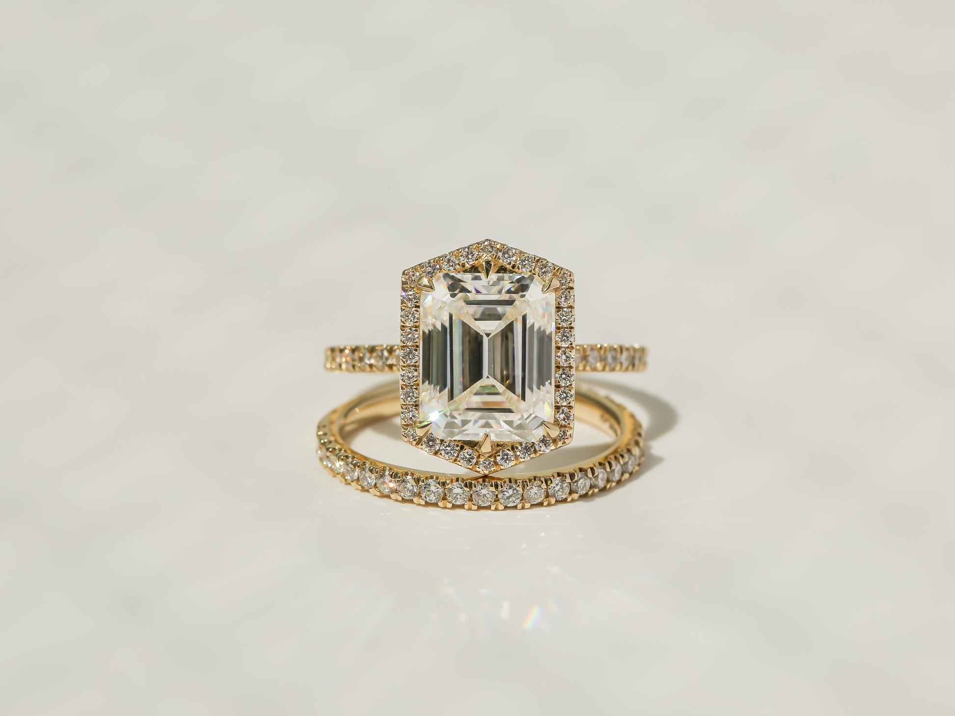 Kobelli Hexagon Halo 3.50ct Emerald Moissanite and Diamond Rings