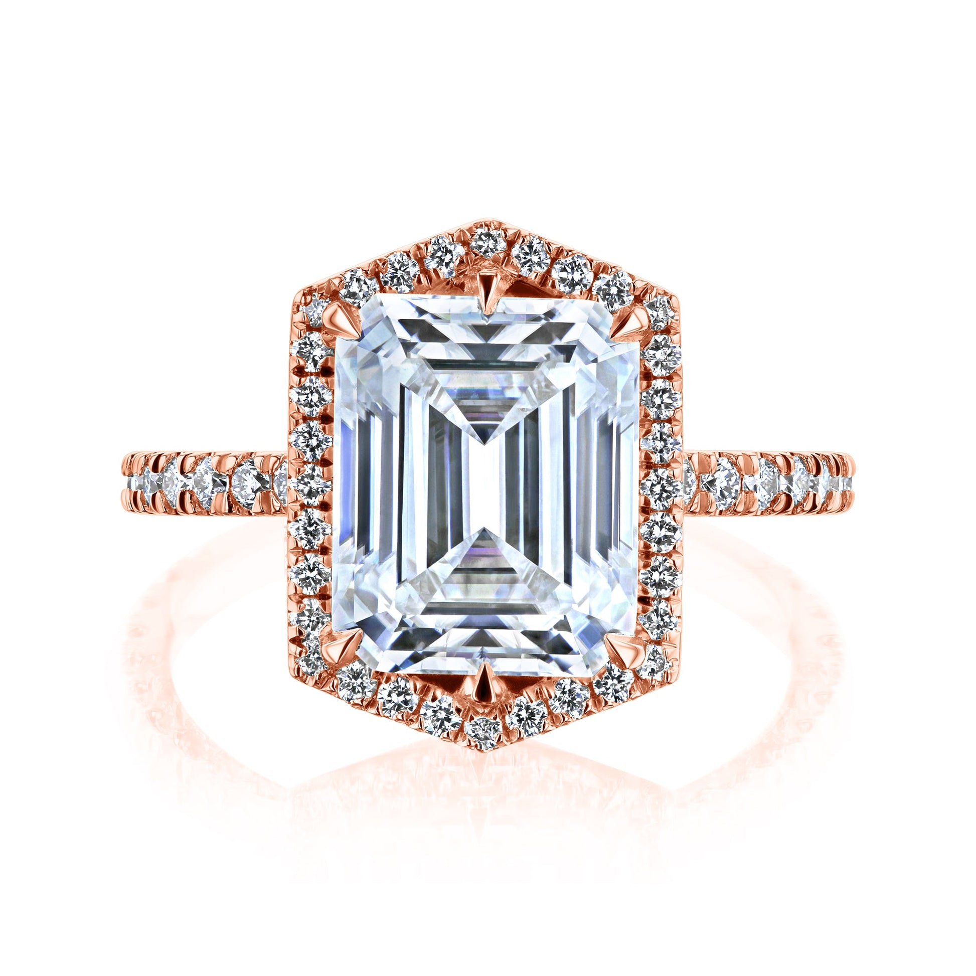 Kobelli Hexagon Halo 3.50ct Emerald Moissanite & 0.55ct Diamond Engagement Ring in 14k Gold - Saturday Collection