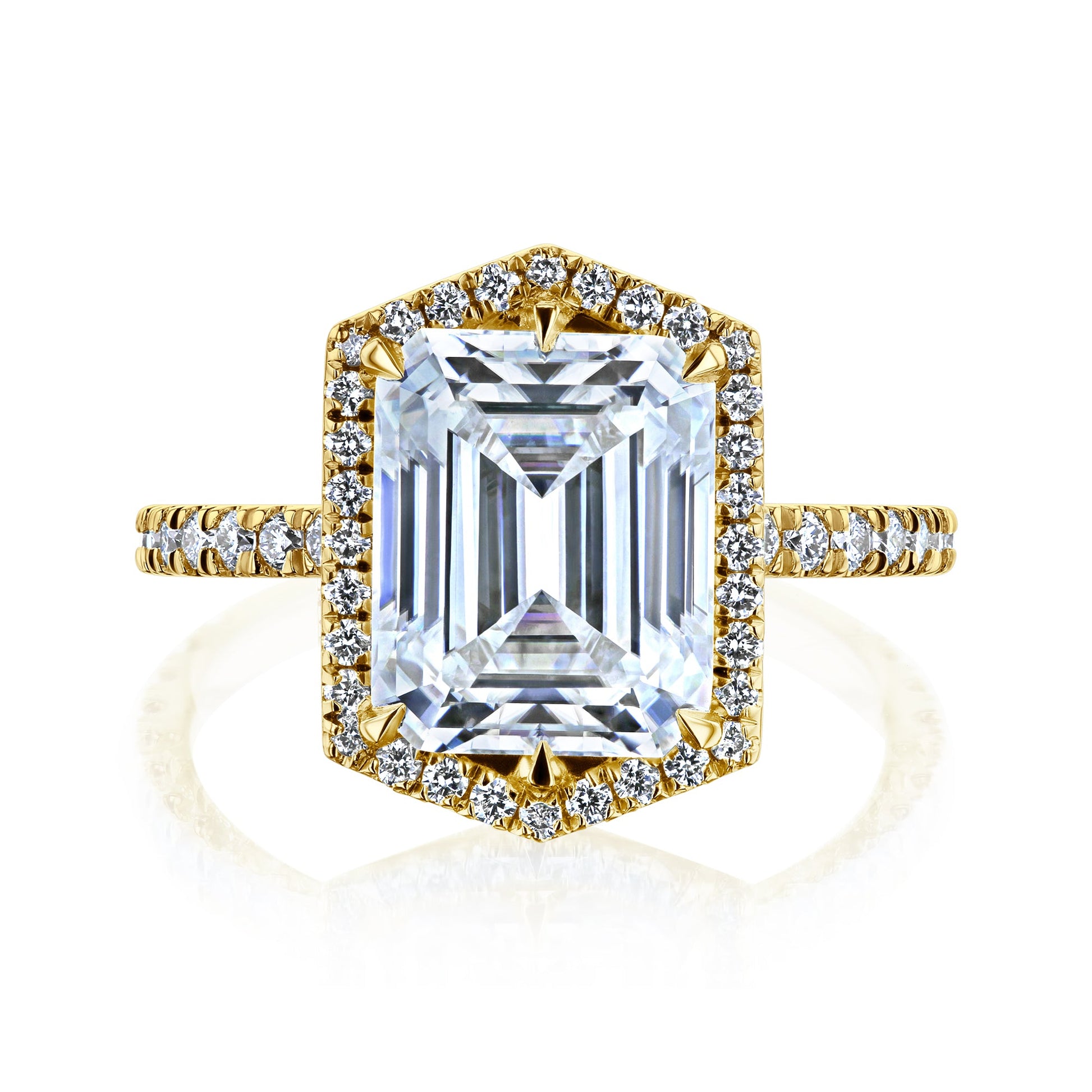 Kobelli Hexagon Halo 3.50ct Emerald Moissanite & 0.55ct Diamond Engagement Ring in 14k Gold - Saturday Collection