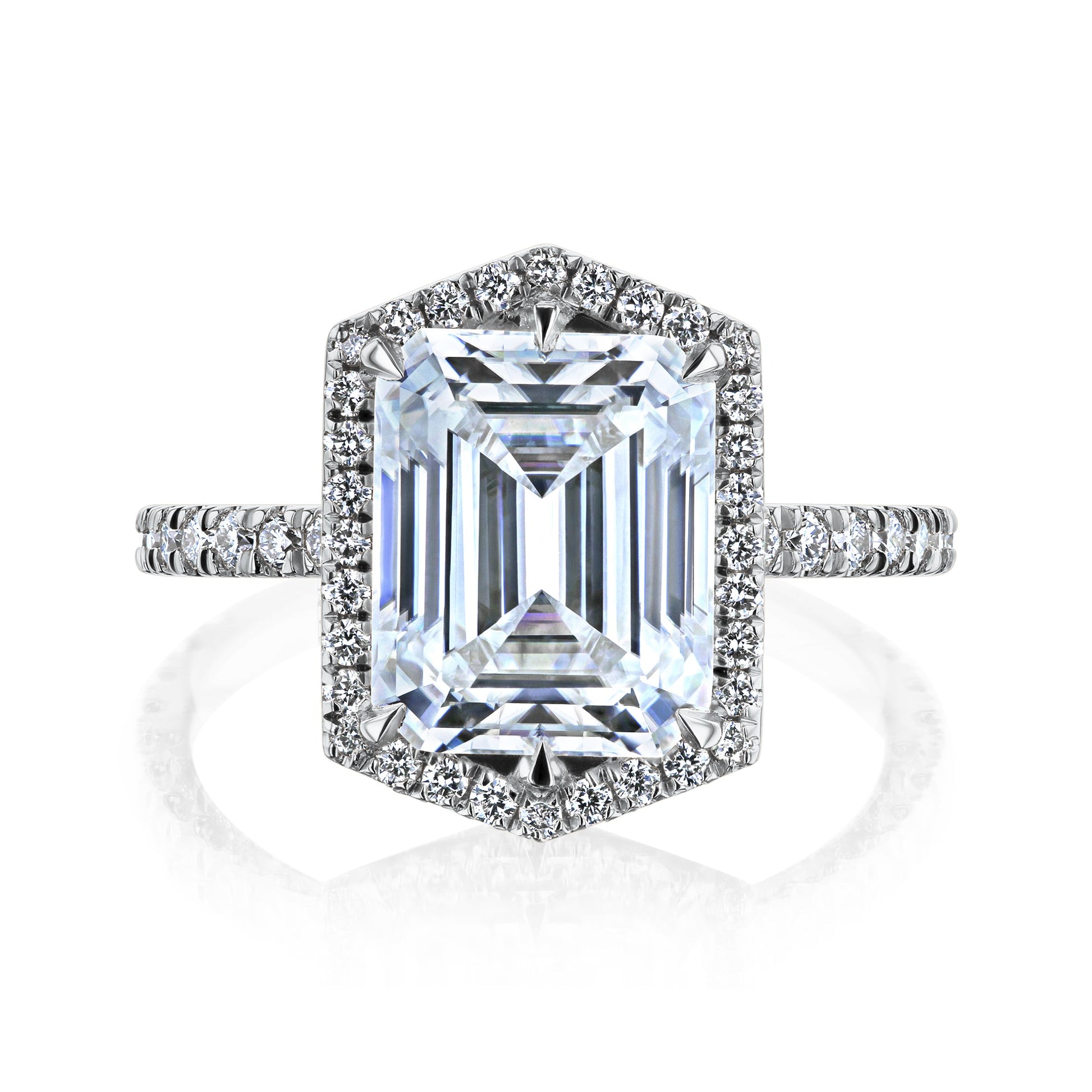 Kobelli Hexagon Halo 3.50ct Emerald Moissanite & 0.55ct Diamond Engagement Ring in 14k Gold - Saturday Collection