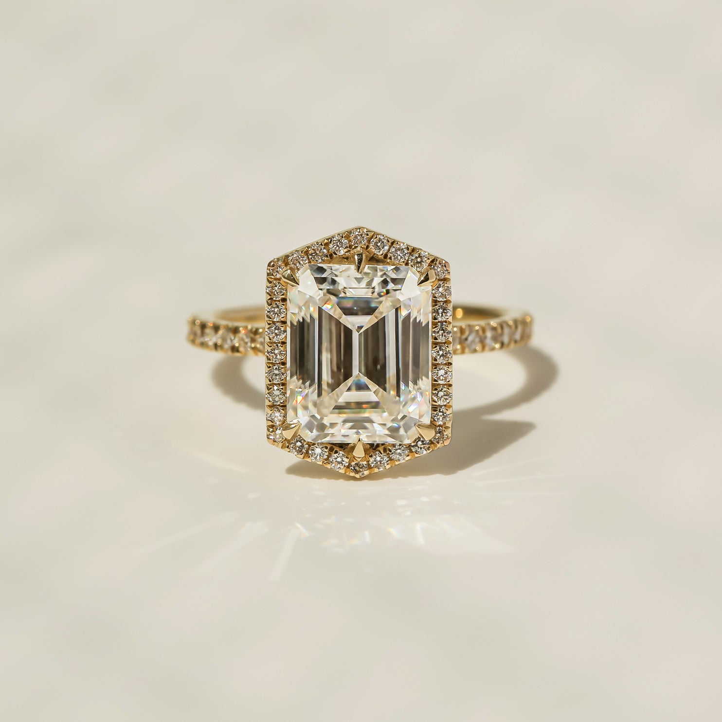 Kobelli Hexagon Halo 3.50ct Emerald Moissanite & 0.55ct Diamond Engagement Ring in 14k Gold - Saturday Collection