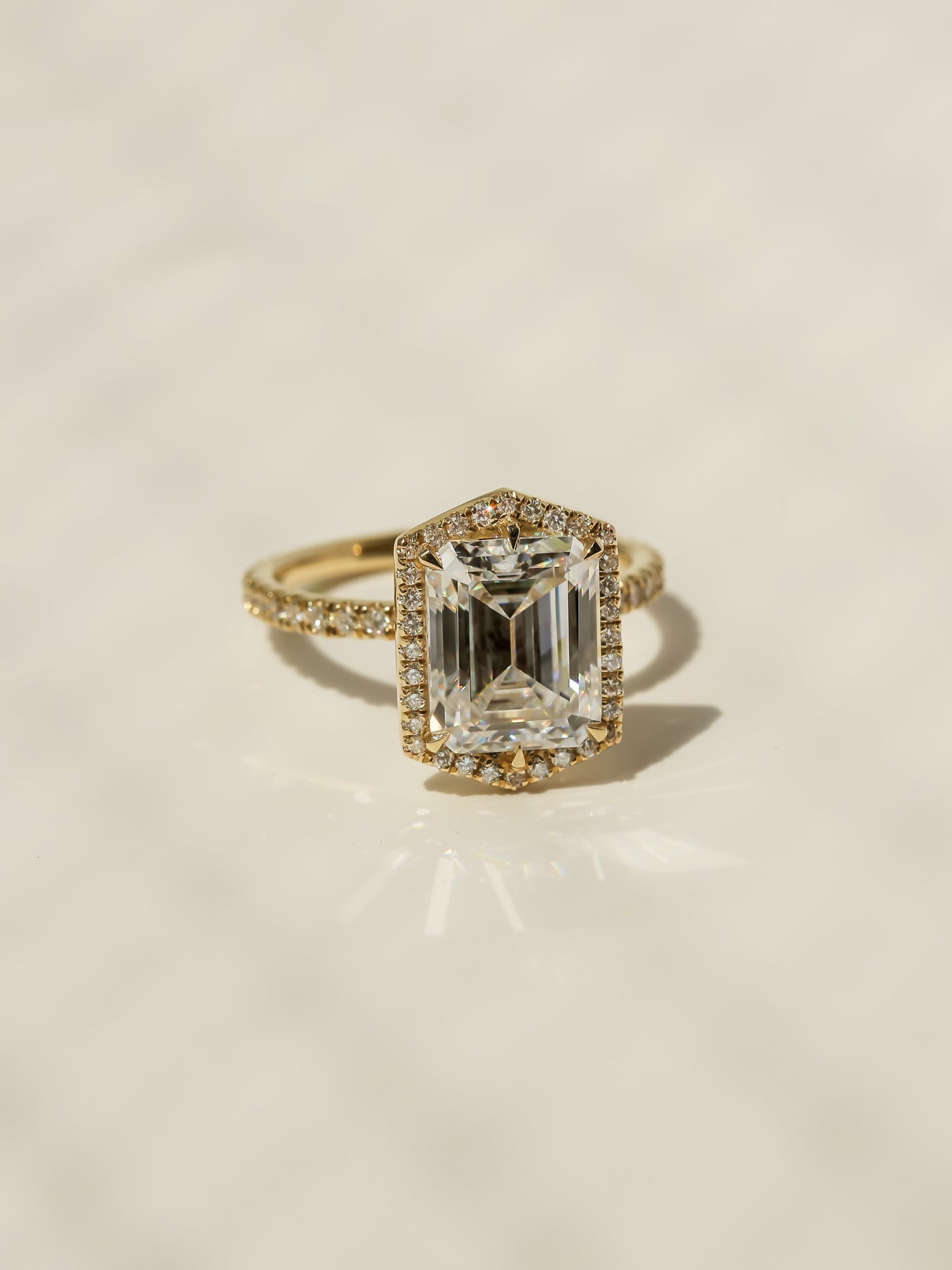 Kobelli Hexagon Halo 3.50ct Emerald Moissanite & 0.55ct Diamond Engagement Ring in 14k Gold - Saturday Collection