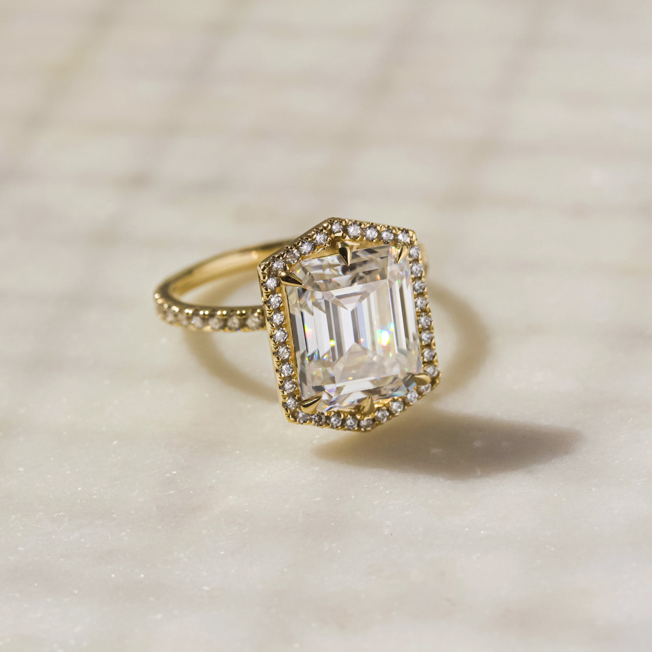 Kobelli Hexagon Halo 3.50ct Emerald Moissanite & 0.55ct Diamond Engagement Ring in 14k Gold - Saturday Collection