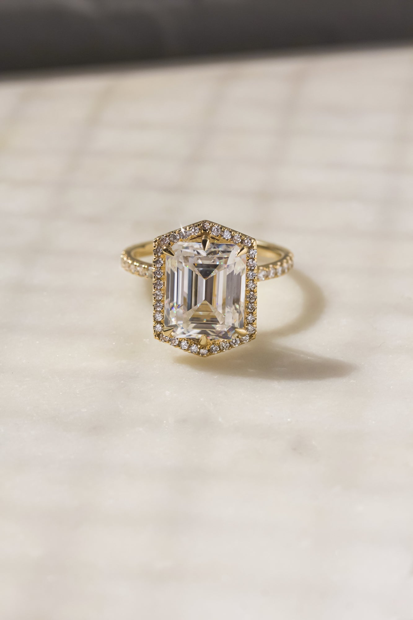 Kobelli Hexagon Halo 3.50ct Emerald Moissanite & 0.55ct Diamond Engagement Ring in 14k Gold - Saturday Collection
