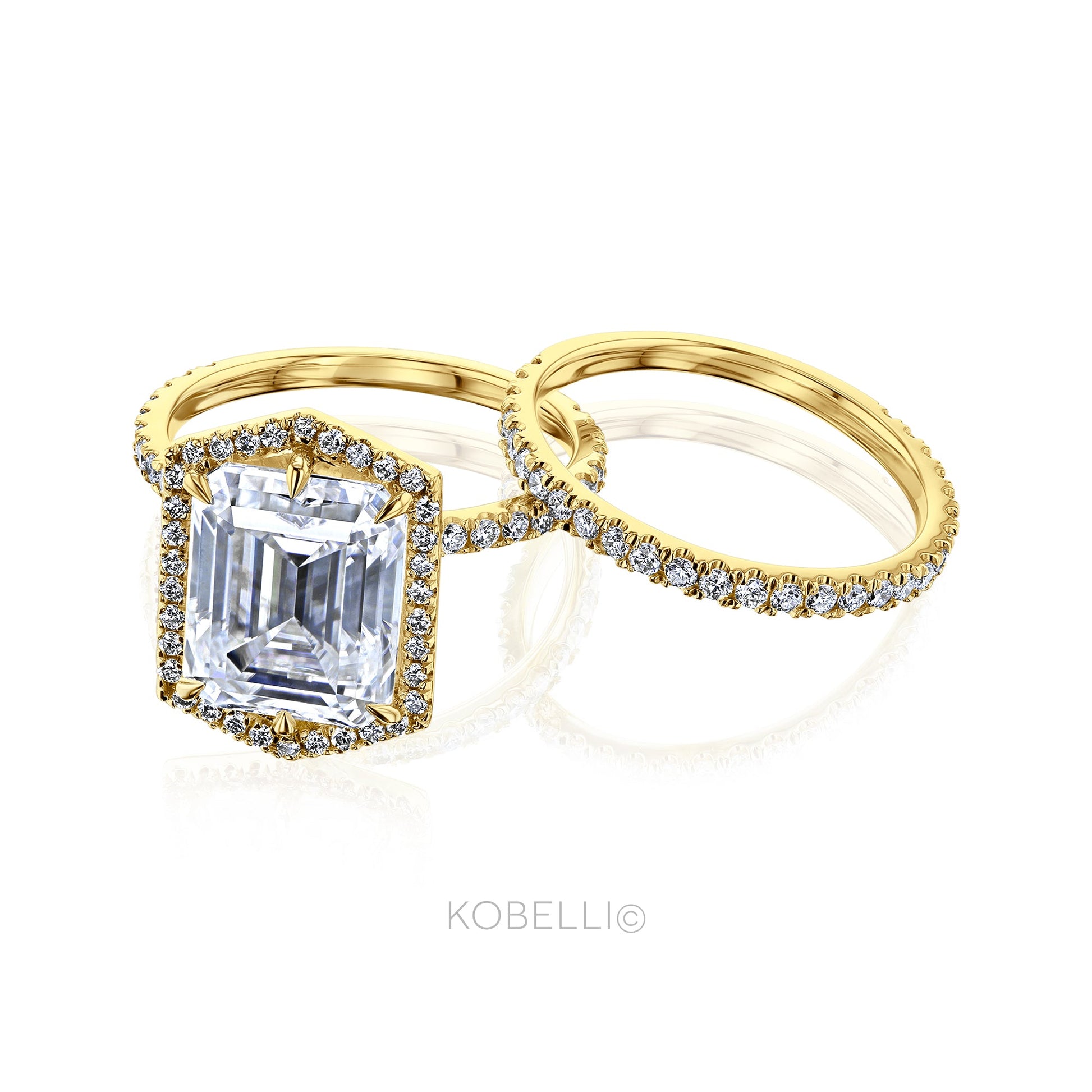 Kobelli Hexagon Halo 4.90ct Emerald Moissanite and Diamond Rings