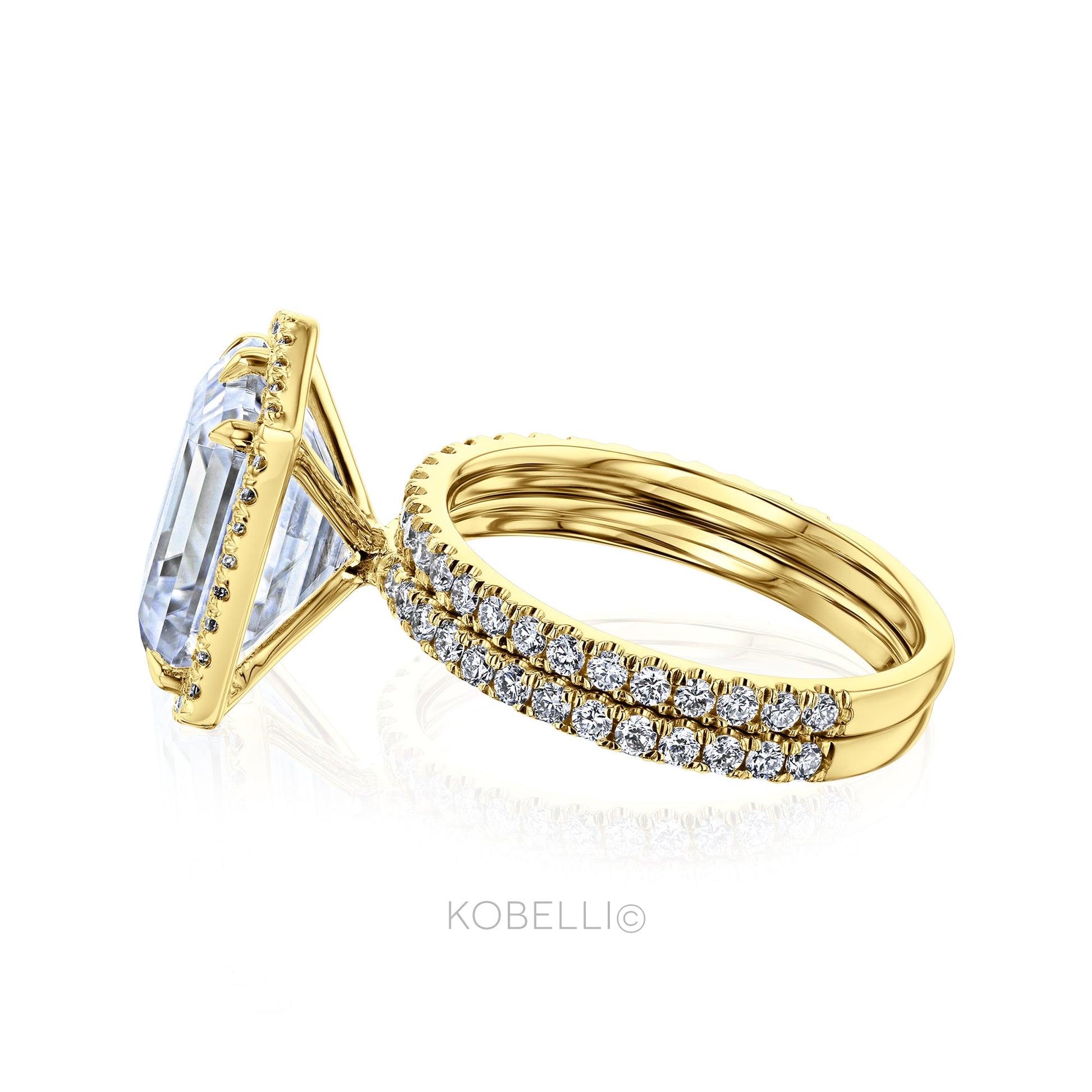 Kobelli Hexagon Halo 4.90ct Emerald Moissanite and Diamond Rings