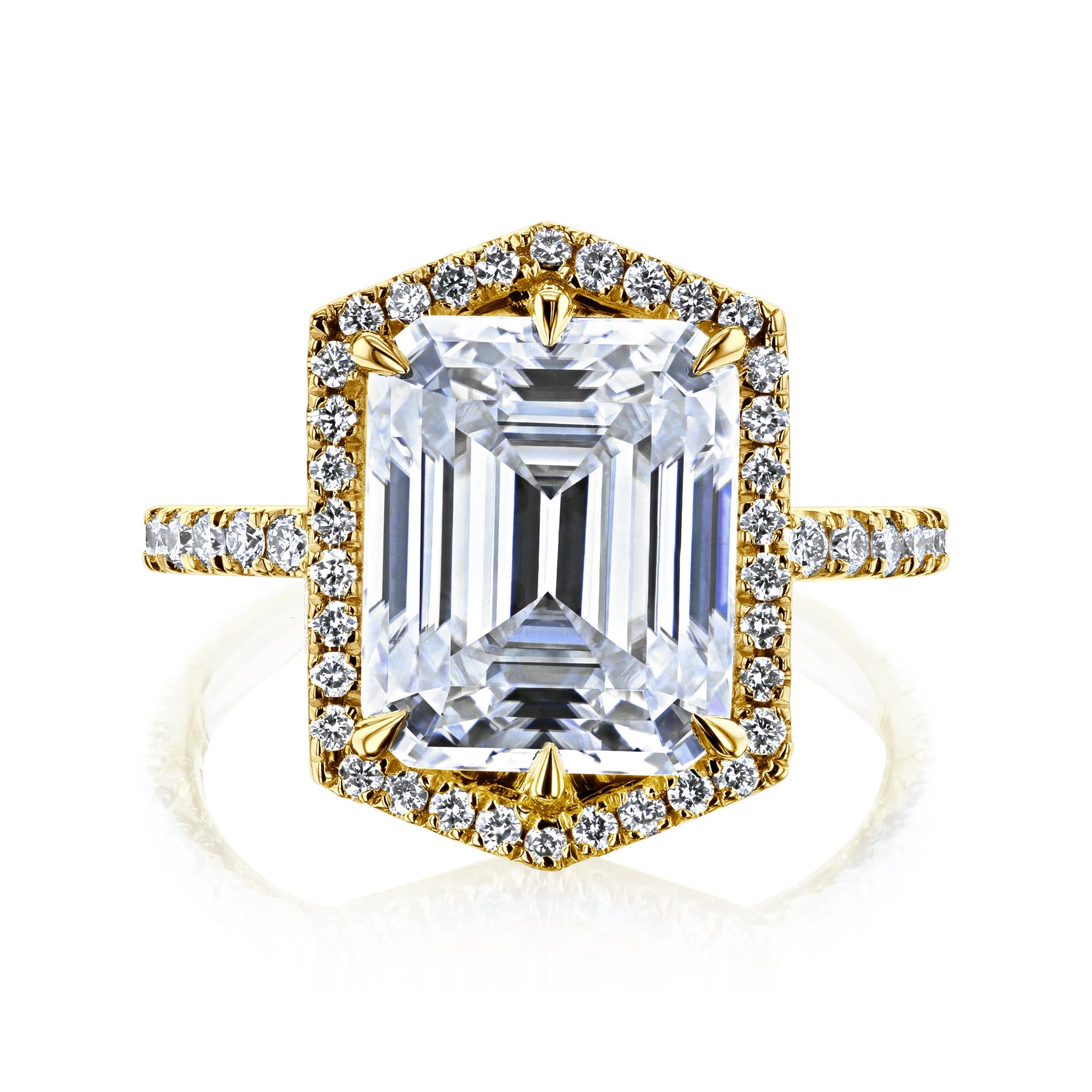 Kobelli Hexagon Halo 4.90ct Emerald Moissanite & 0.55ct Diamond Engagement Ring in 14k Gold - Saturday Collection