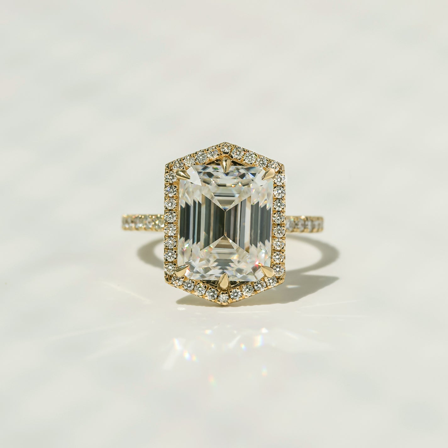 Kobelli Hexagon Halo 4.90ct Emerald Moissanite & 0.55ct Diamond Engagement Ring in 14k Gold - Saturday Collection