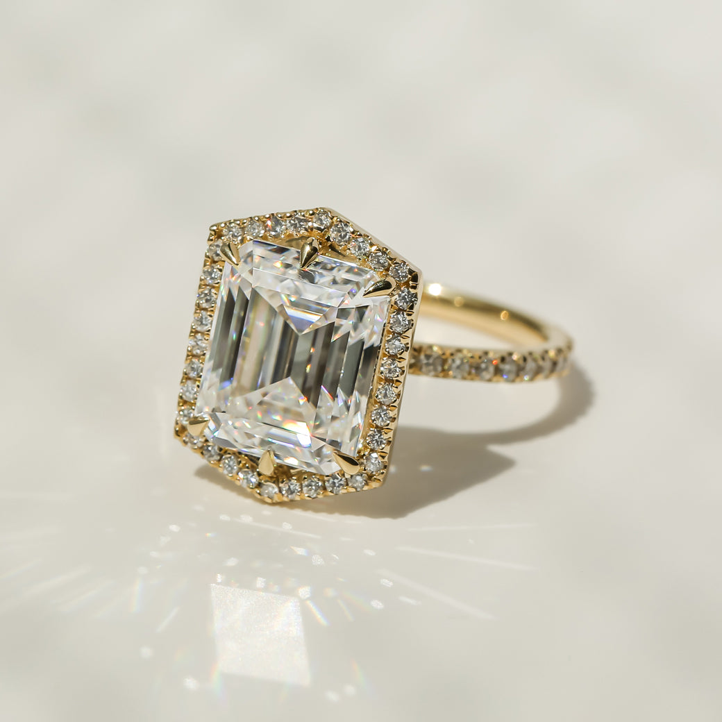 Kobelli Hexagon Halo 4.90ct Emerald Moissanite & 0.55ct Diamond Engagement Ring in 14k Gold - Saturday Collection