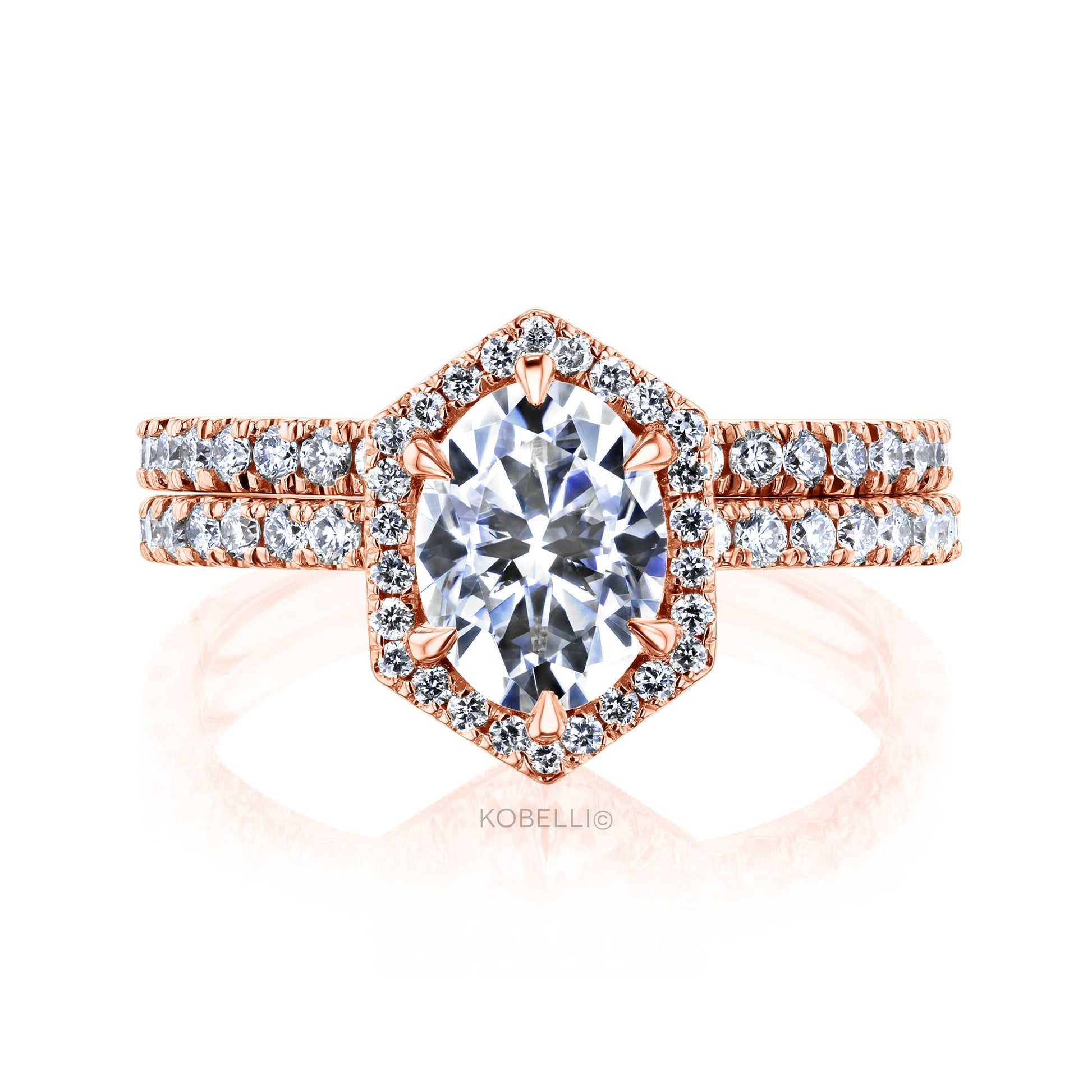 Kobelli Hexagon Halo 1.5ct Oval Moissanite and Diamond Rings