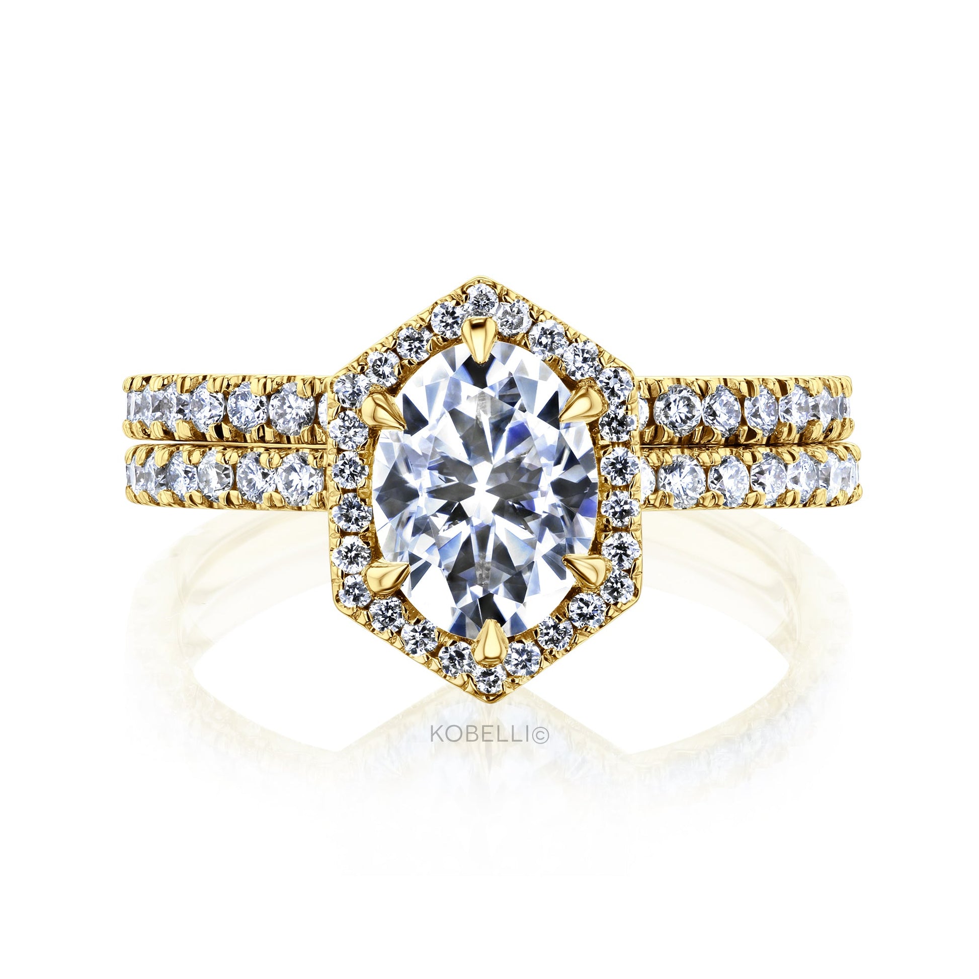 Kobelli Hexagon Halo 1.5ct Oval Moissanite and Diamond Rings