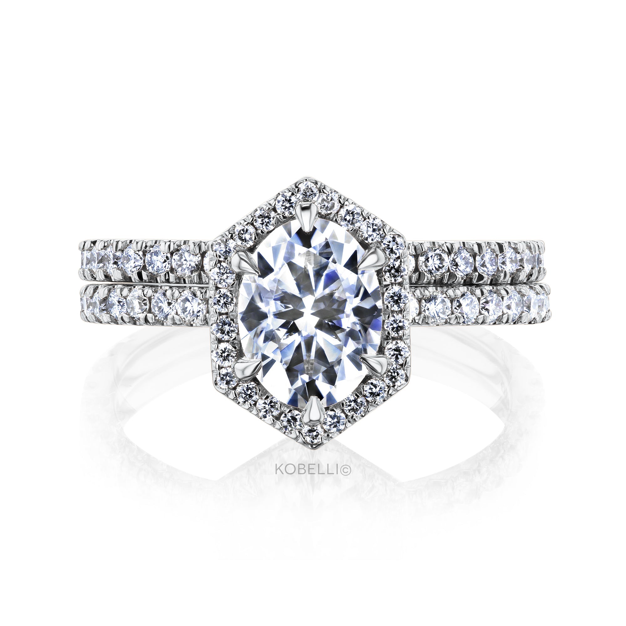 Kobelli Hexagon Halo 1.5ct Oval Moissanite and Diamond Rings
