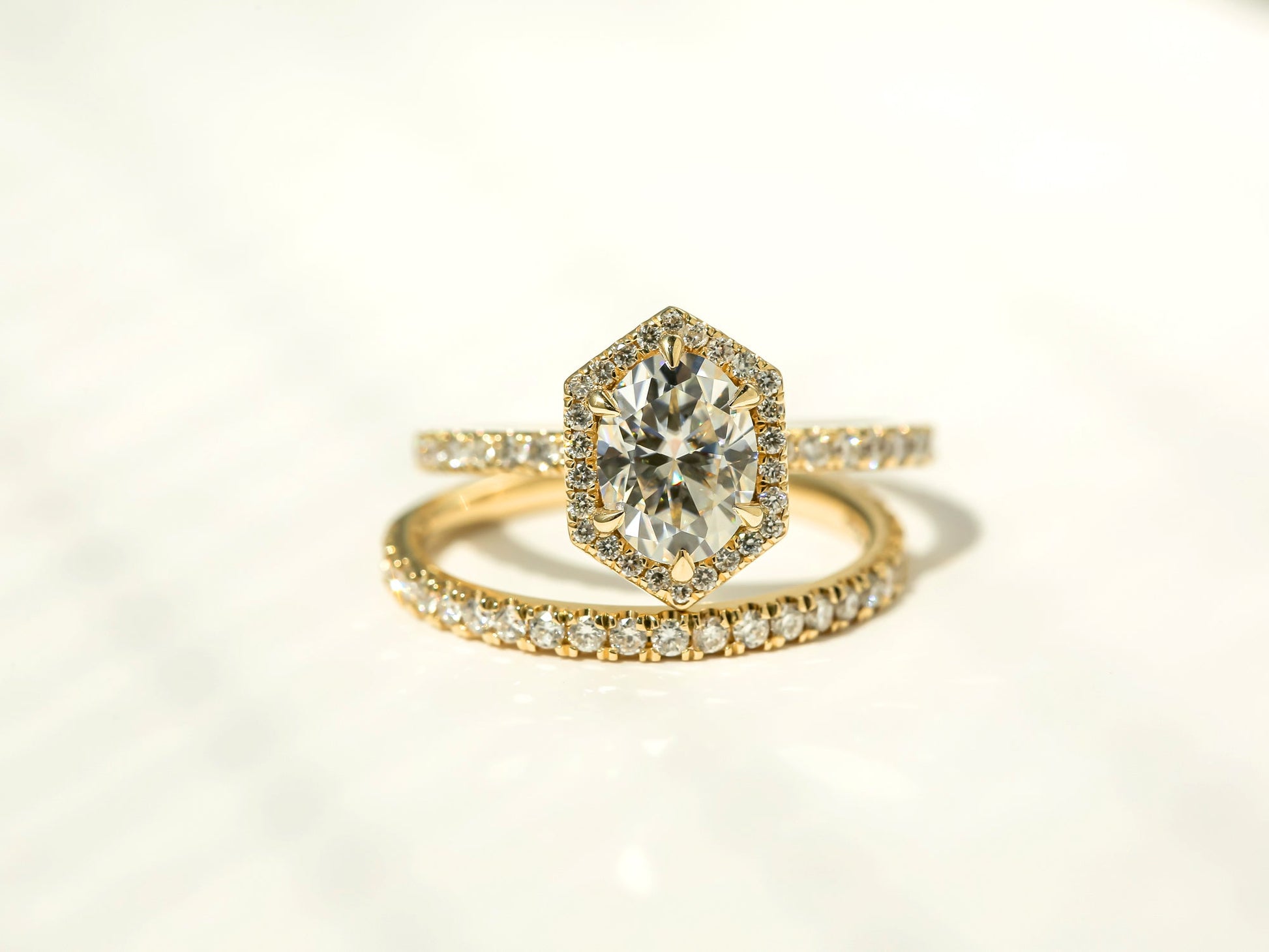 Kobelli Hexagon Halo 1.5ct Oval Moissanite and Diamond Rings