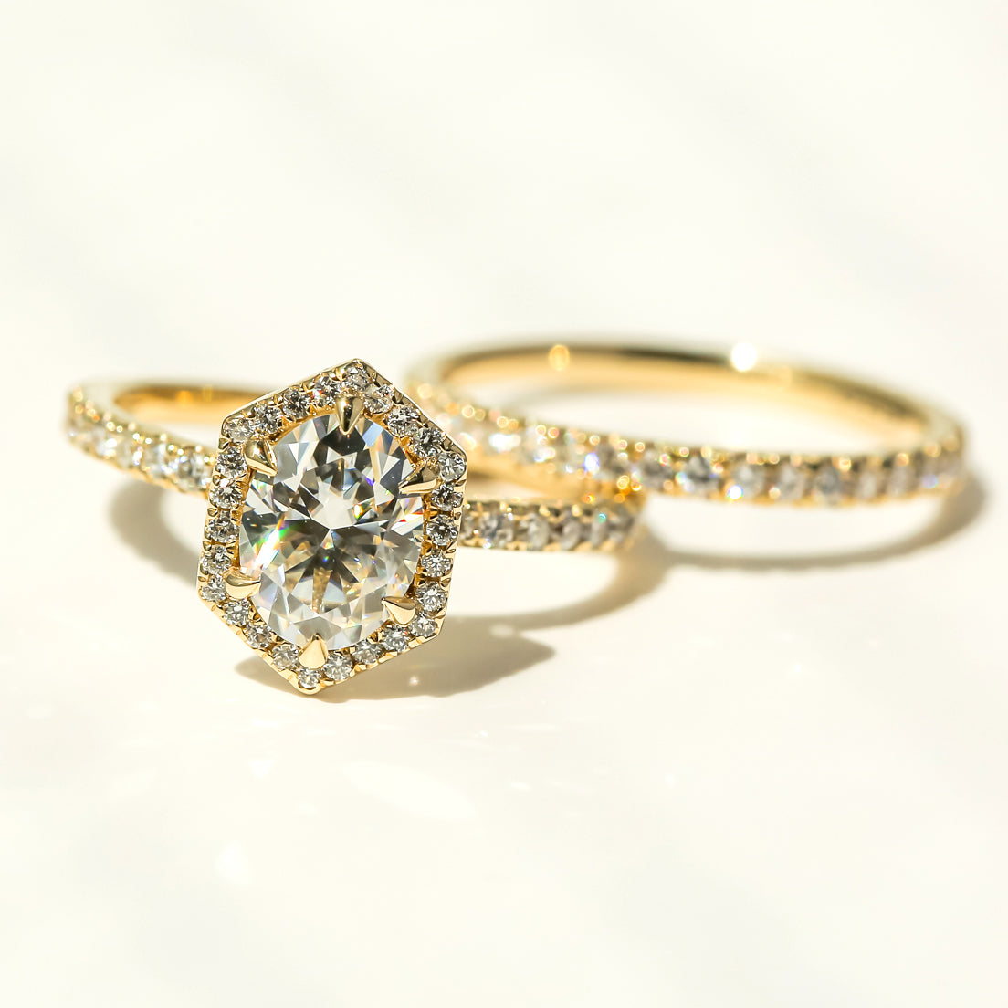 Kobelli Hexagon Halo 1.5ct Oval Moissanite and Diamond Rings