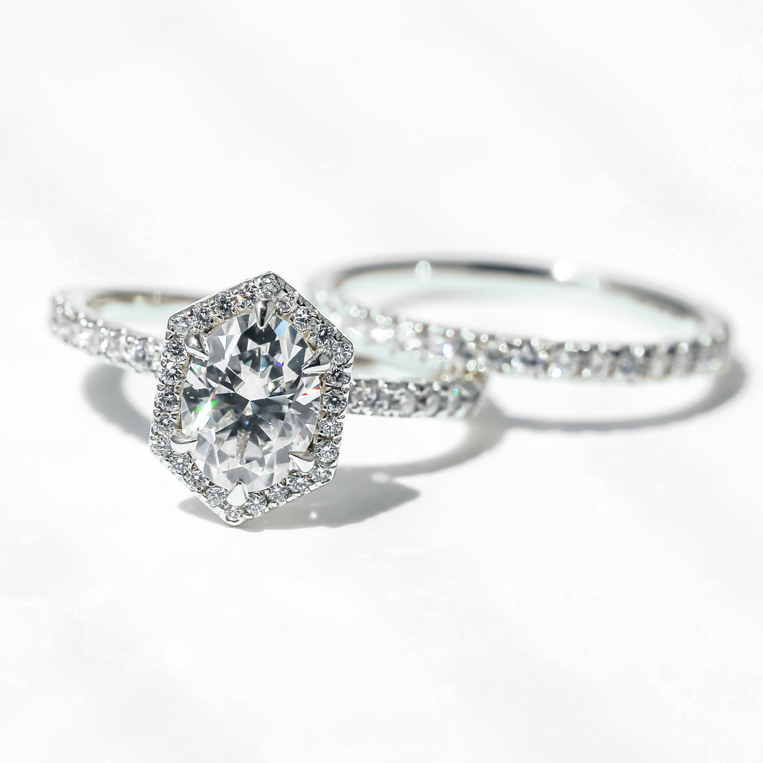 Kobelli Hexagon Halo 1.5ct Oval Moissanite and Diamond Rings
