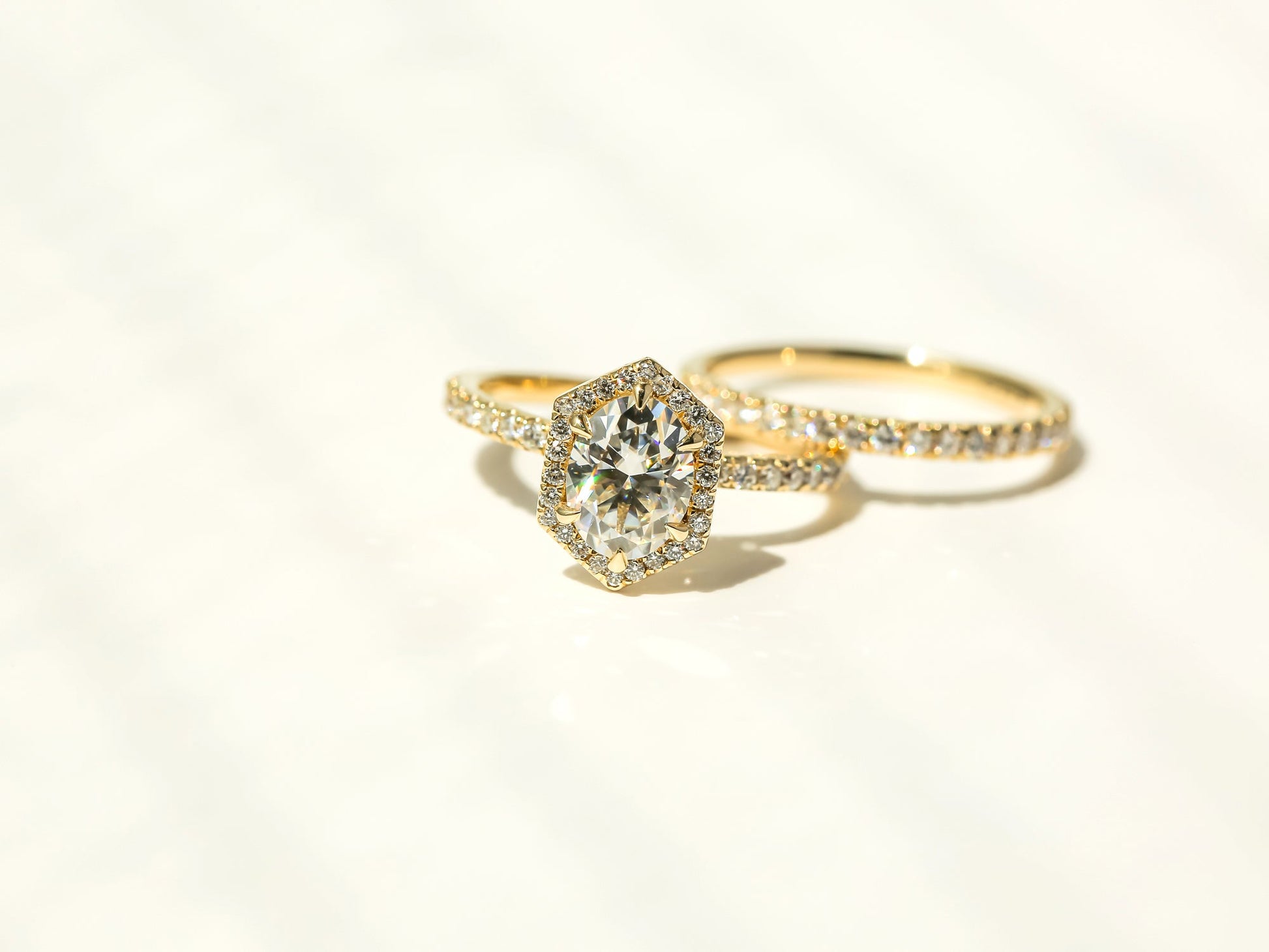 Kobelli Hexagon Halo 1.5ct Oval Moissanite and Diamond Rings