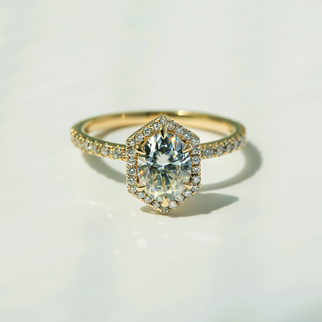 Kobelli Hexagon Halo 1.5ct Oval Moissanite & 0.48ct Diamond Engagement Ring in 14k Gold - Saturday Collection