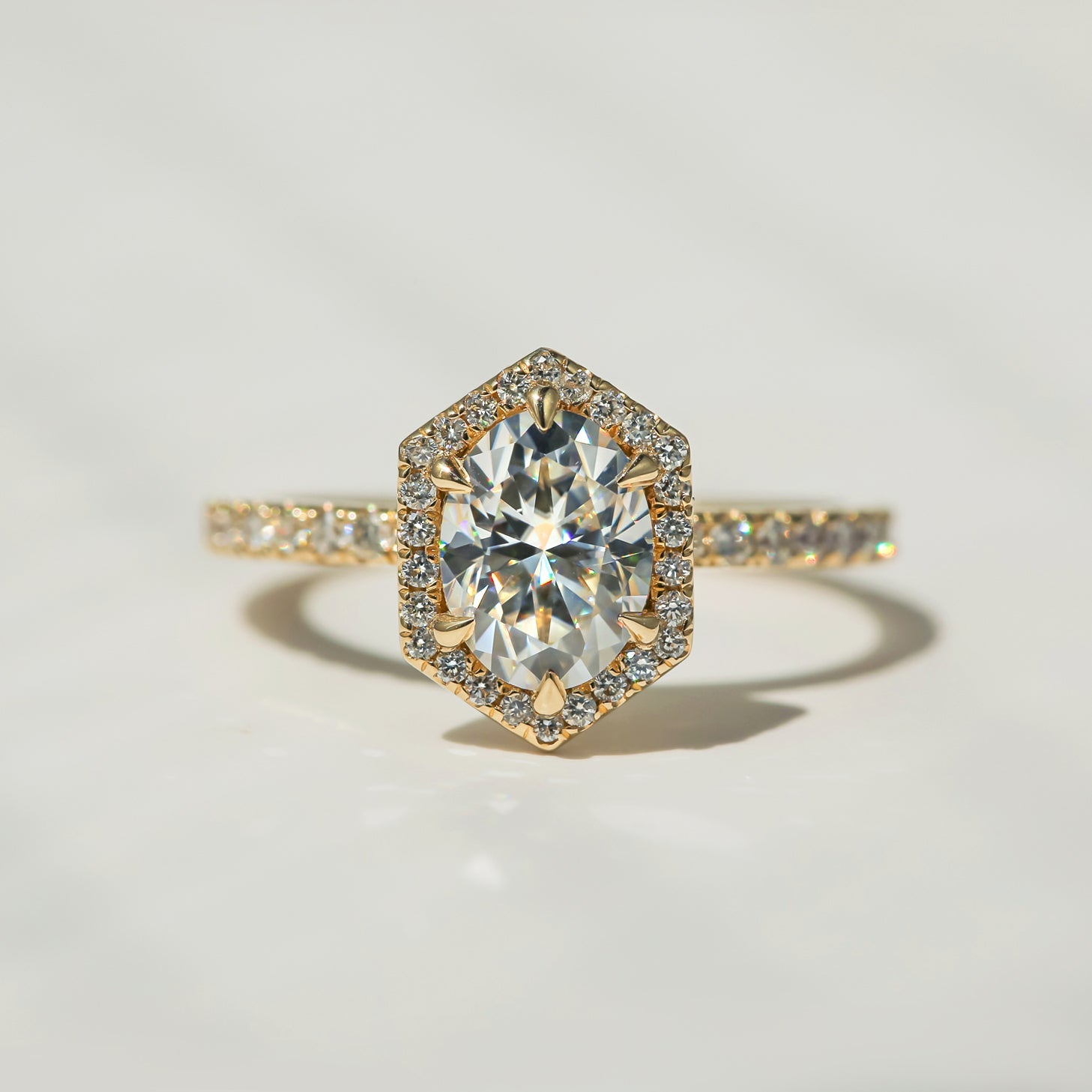 Kobelli Hexagon Halo 1.5ct Oval Moissanite & 0.48ct Diamond Engagement Ring in 14k Gold - Saturday Collection