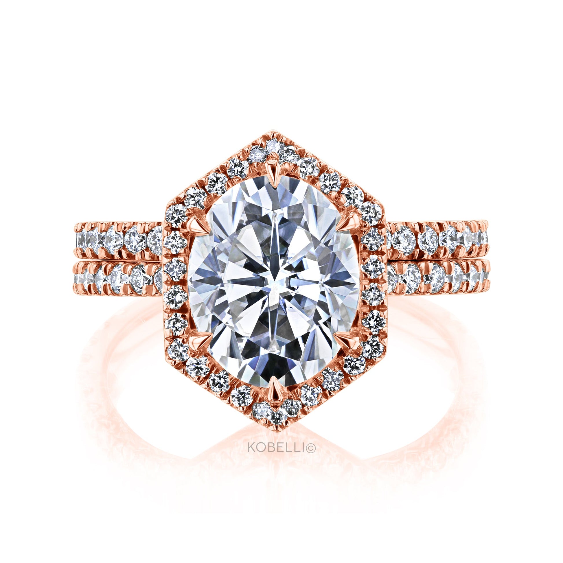Kobelli Hexagon Halo 3ct Oval Moissanite and Diamond Rings