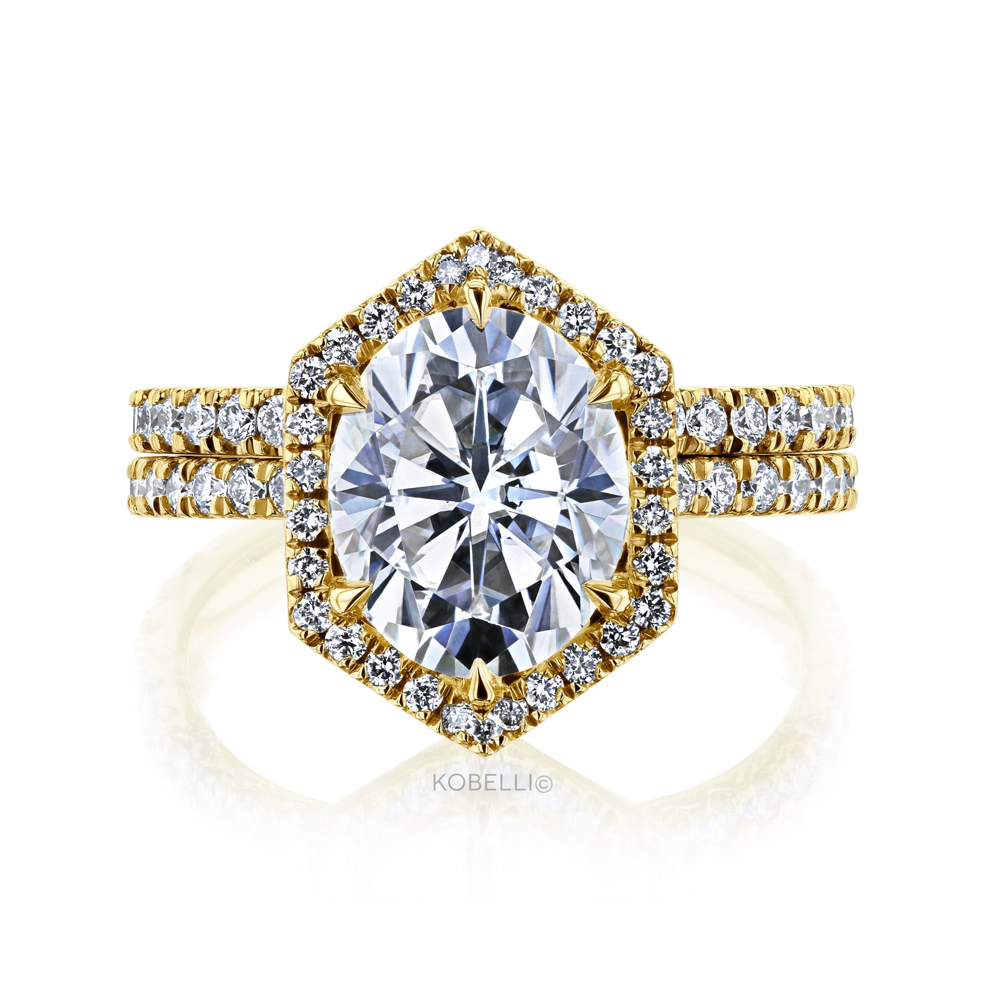 Kobelli Hexagon Halo 3ct Oval Moissanite and Diamond Rings