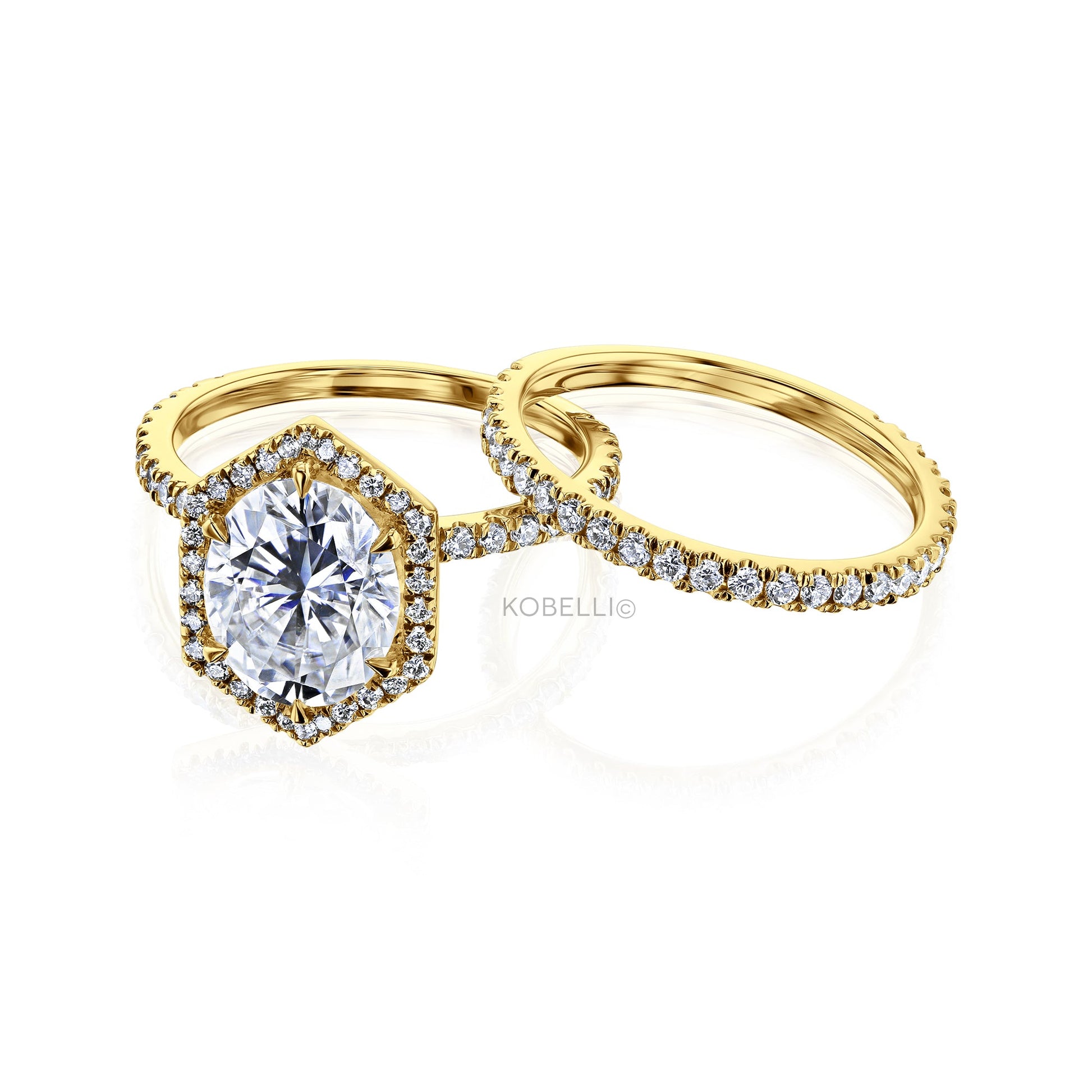 Kobelli Hexagon Halo 3ct Oval Moissanite and Diamond Rings
