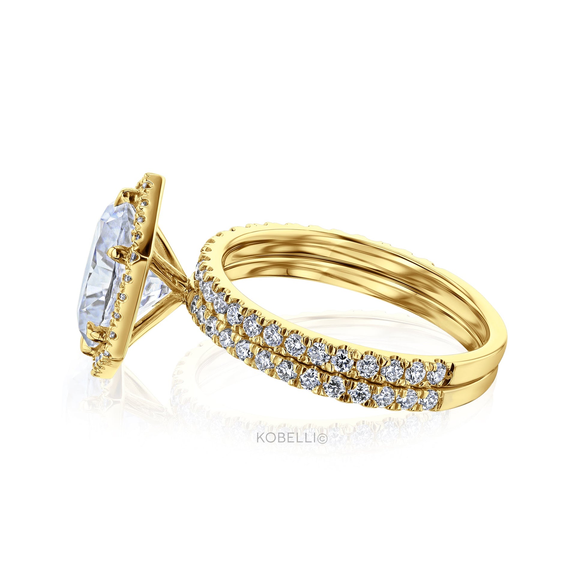 Kobelli Hexagon Halo 3ct Oval Moissanite and Diamond Rings