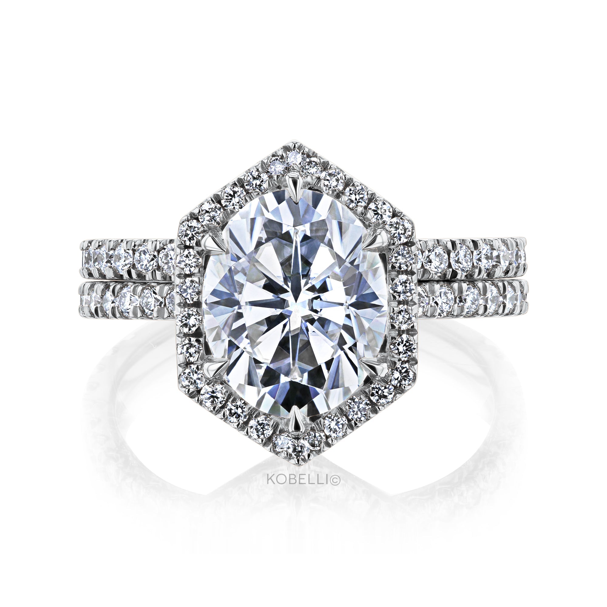 Kobelli Hexagon Halo 3ct Oval Moissanite and Diamond Rings