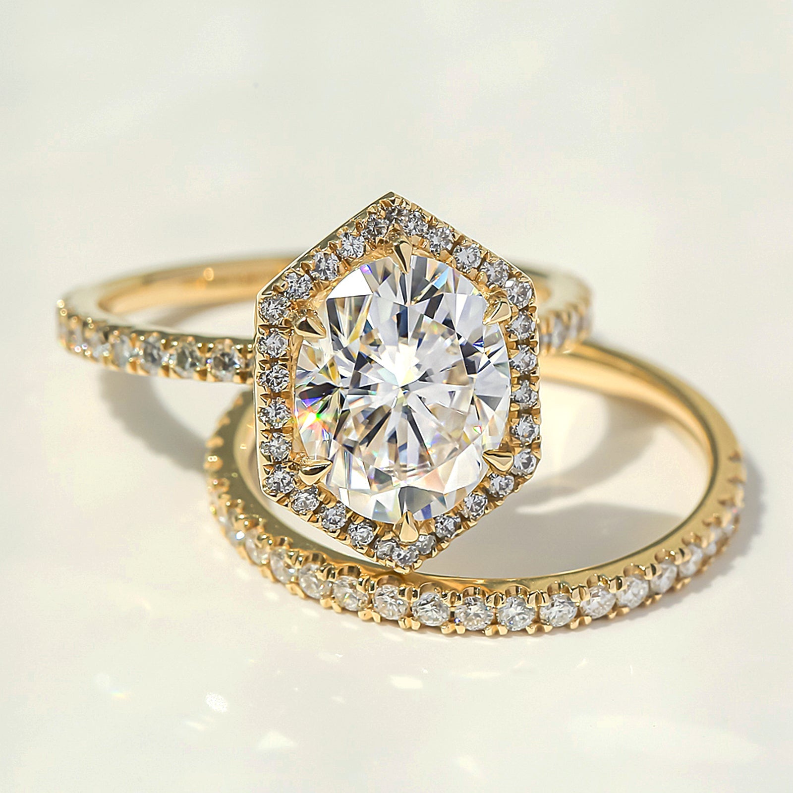 Kobelli Hexagon Halo 3ct Oval Moissanite and Diamond Rings