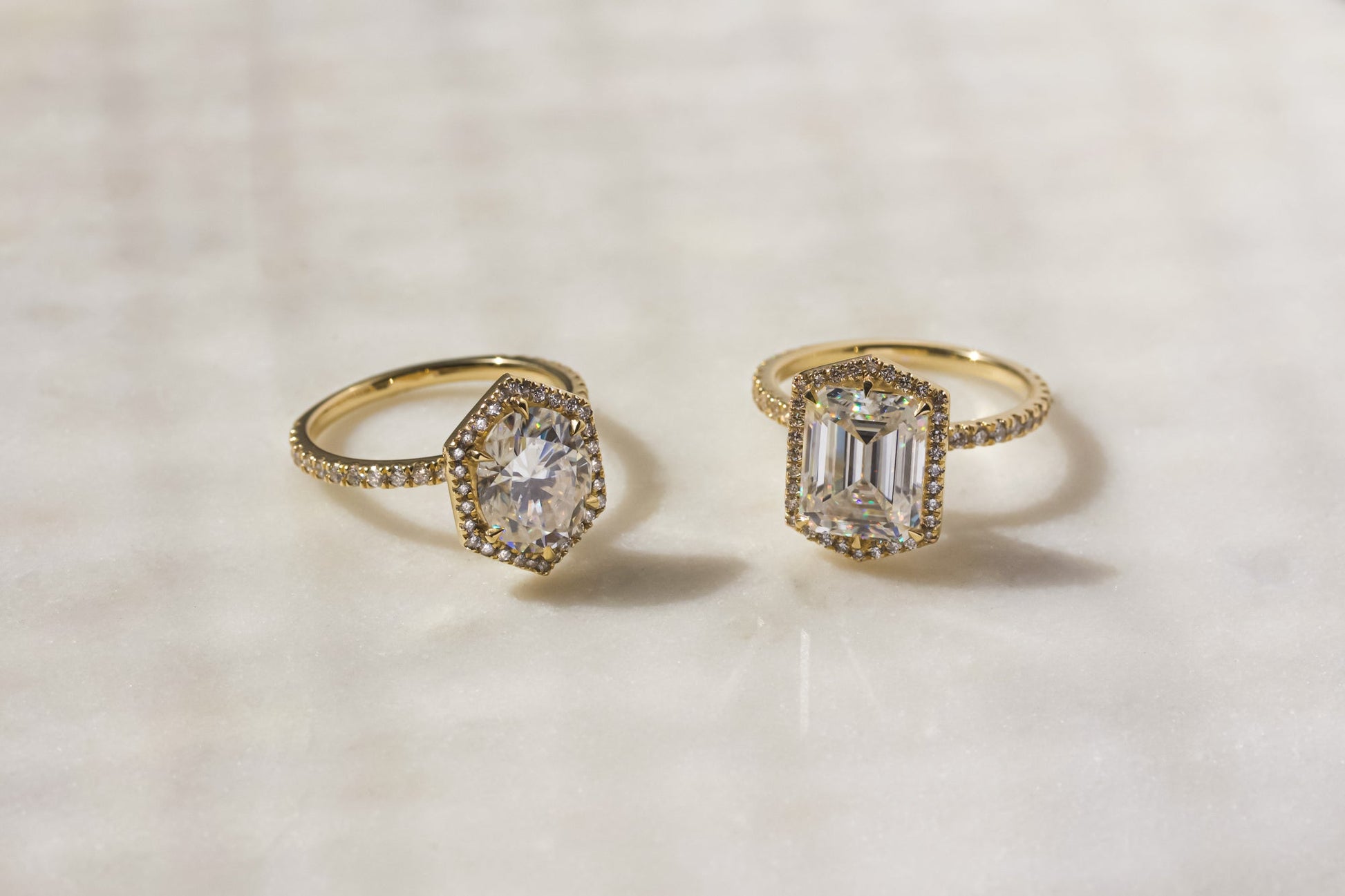 Kobelli Hexagon Halo 3ct Oval Moissanite & 0.50ct Diamond Engagement Ring in 14k Gold - Saturday Collection