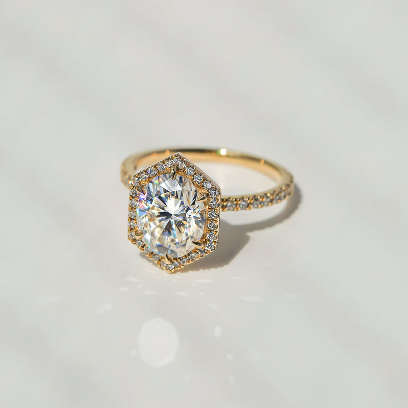 Kobelli Hexagon Halo 3ct Oval Moissanite & 0.50ct Diamond Engagement Ring in 14k Gold - Saturday Collection