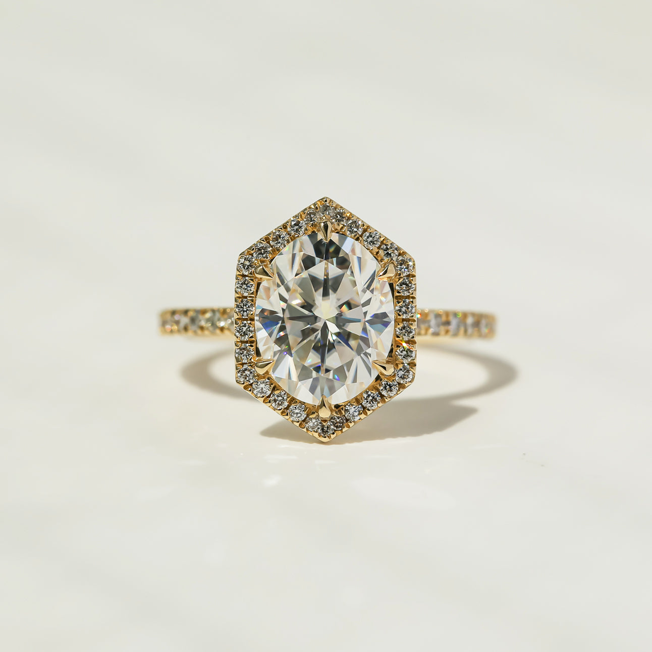 Kobelli Hexagon Halo 3ct Oval Moissanite & 0.50ct Diamond Engagement Ring in 14k Gold - Saturday Collection