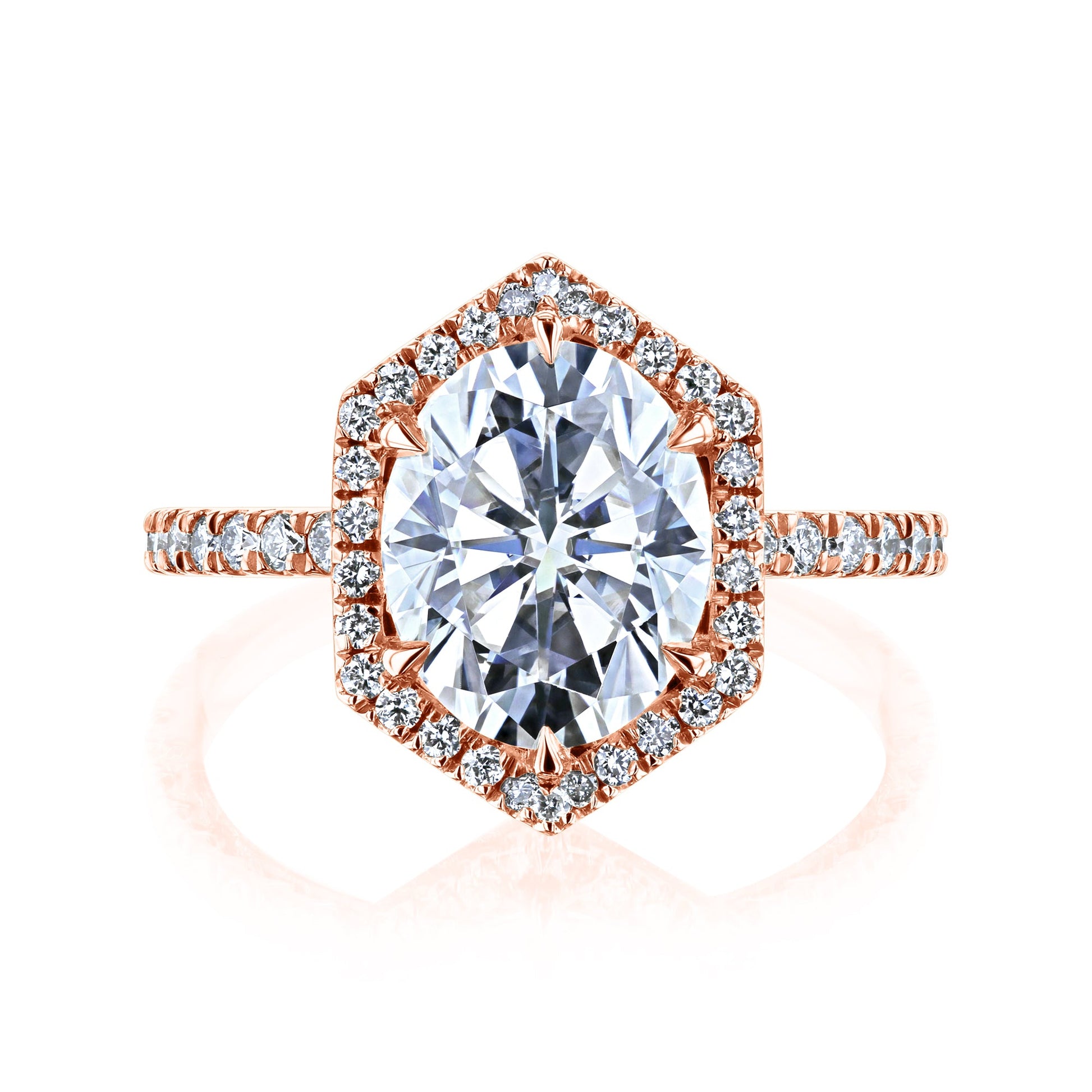 Kobelli Hexagon Halo 3ct Oval Moissanite & 0.50ct Diamond Engagement Ring in 14k Gold - Saturday Collection